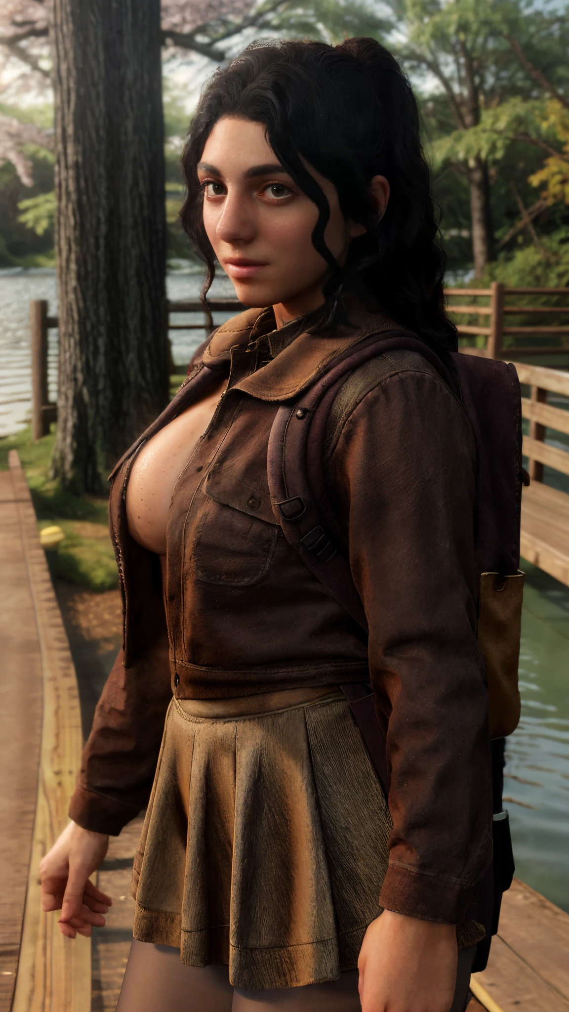 16 year old pre-, Muslim, blonde, long hair, small breasts, big eyes, long legs, close-up on thighs, school uniform, cleavage breasts, (pantyhose 1.34), red shoes with brown heels, backpack, playground background, crossing a wooden bridge at the lake, trees, cherry blossom, sunrise, light through fabric, (realistic, photorealistic: 1.37), specular light, ray tracing, HDR