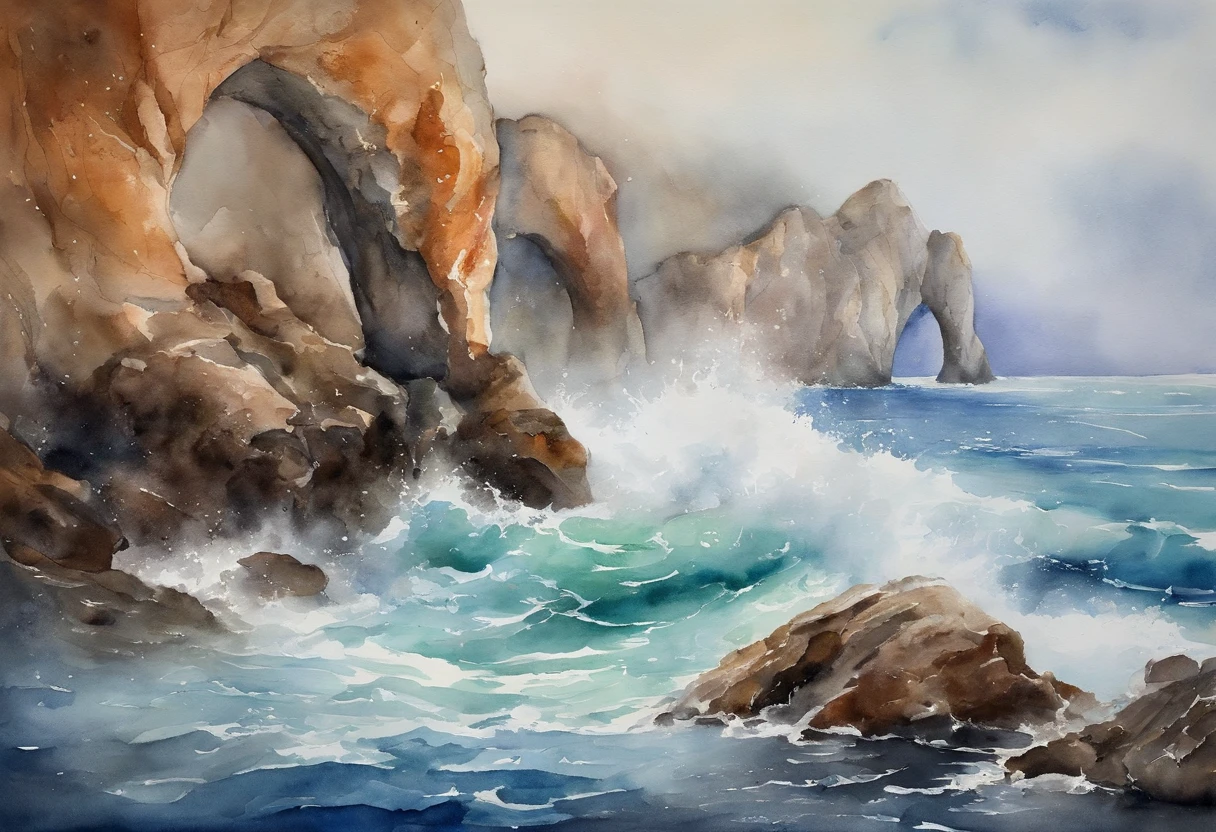 the sea，In the ocean，Close-up of water rushing into rock formations，rock arch