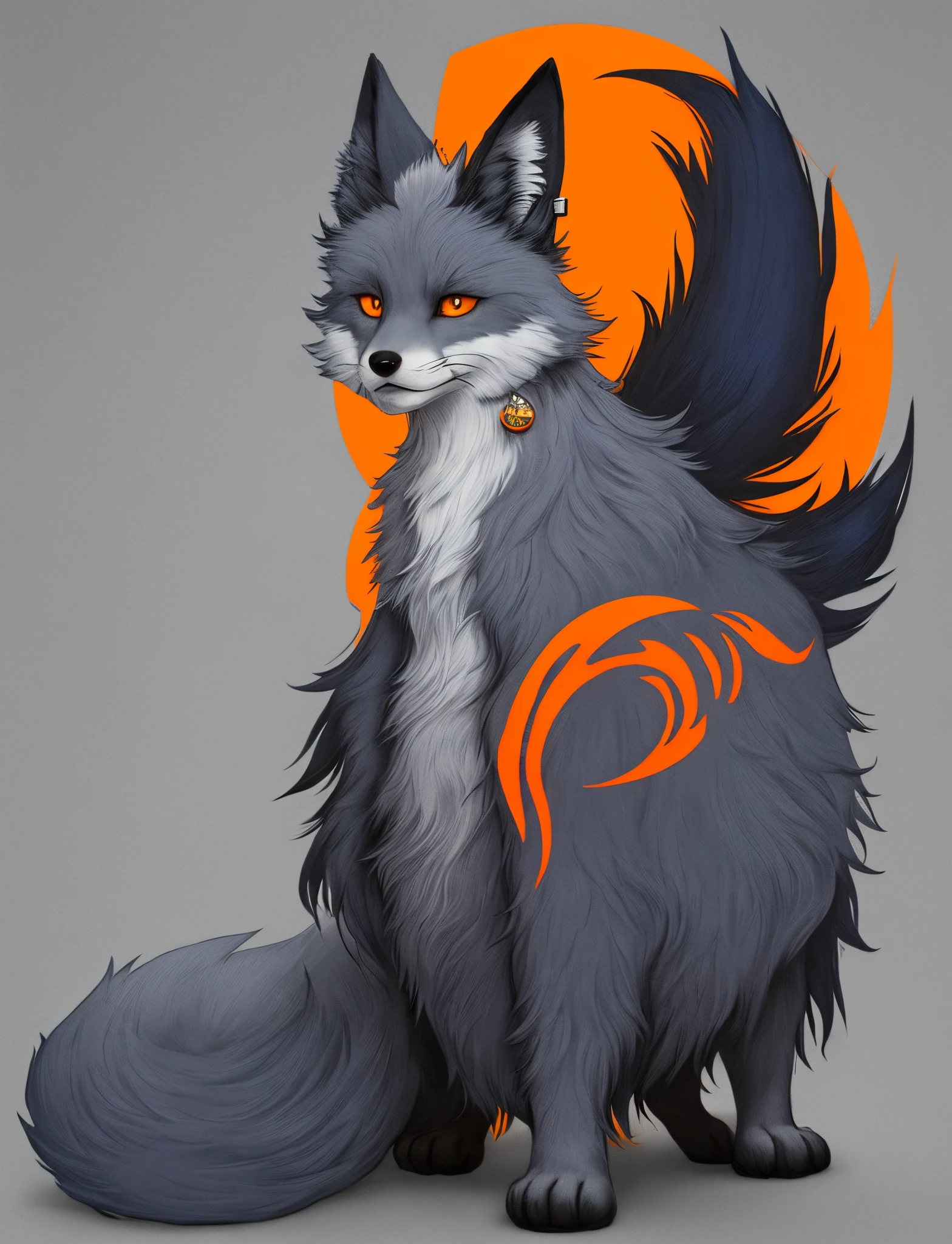 A dark gray,blue hair, furry fox art Male,touches of orange on the ears, full body,orange eyes,earrings and piercings, with a big dick