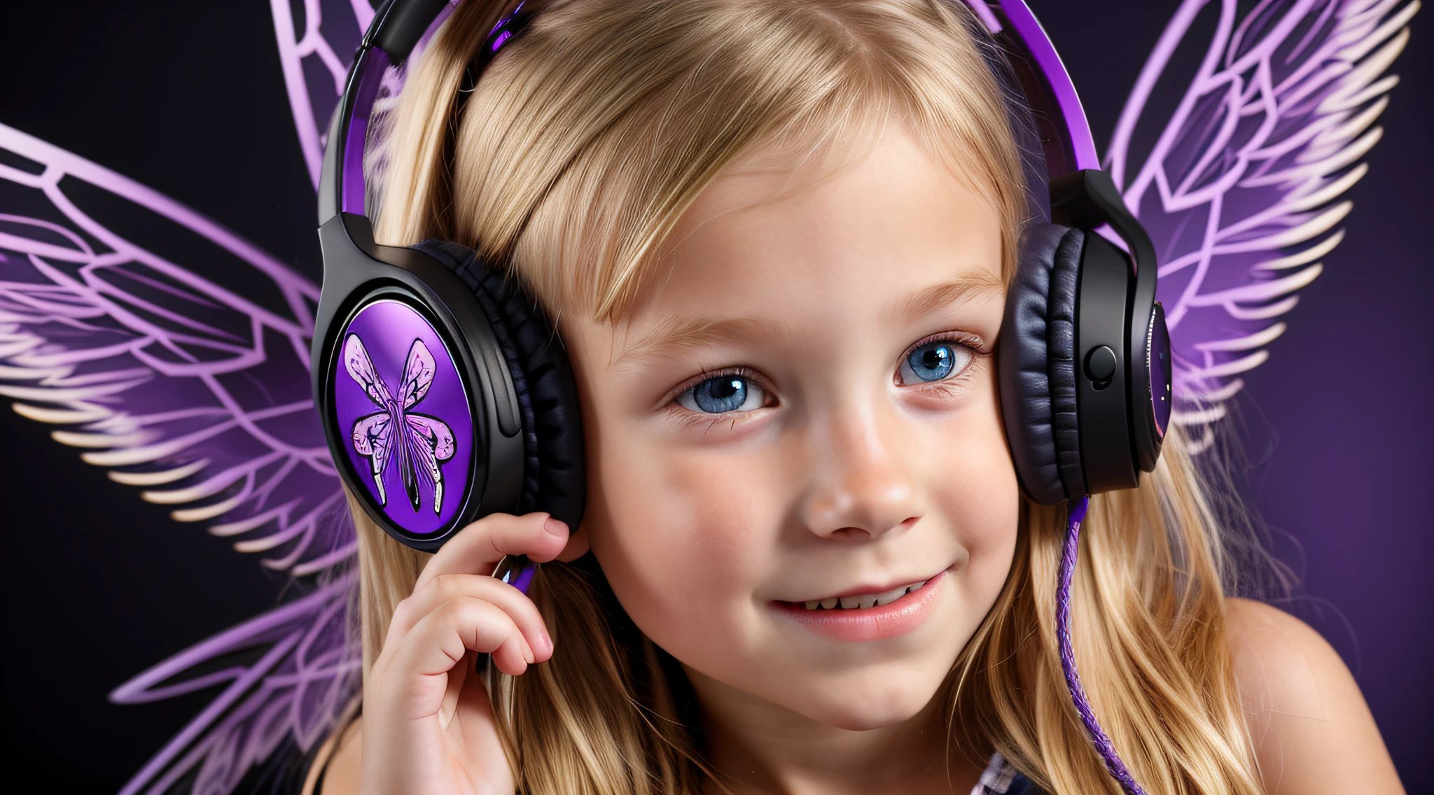 um close de um anel de fone de ouvido de uma loira pegando fogo., com asas em um fundo roxo, Asas pretas ligeiramente queimadas, cruz, Cruzes, Asas Negras,