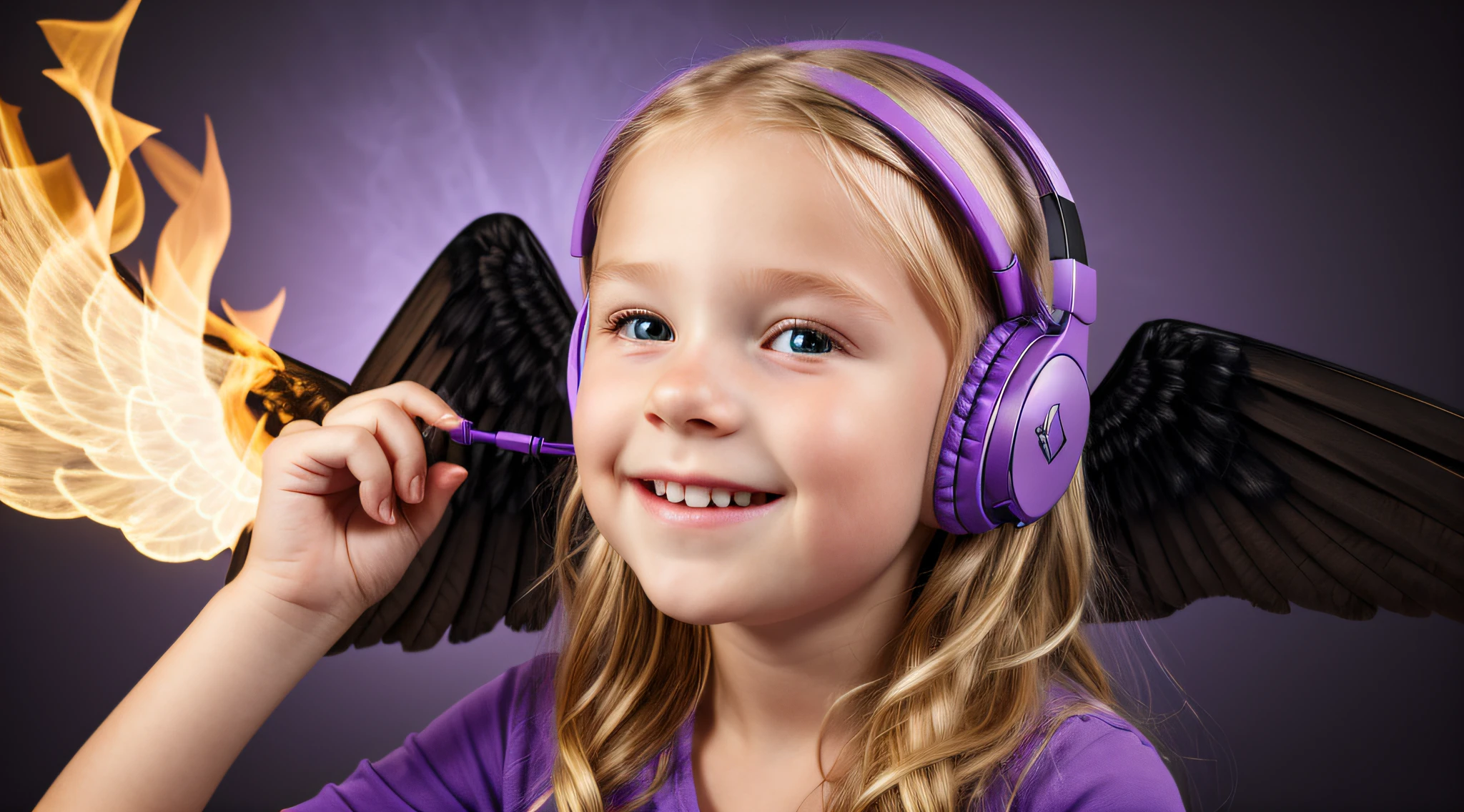 um close de um anel de fone de ouvido de uma loira pegando fogo., com asas em um fundo roxo, Asas pretas ligeiramente queimadas, cruz, Cruzes, Asas Negras,