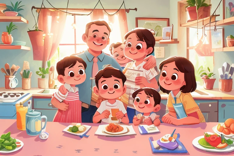 closeup, a family portrait, momn, dad, kitchen in the background