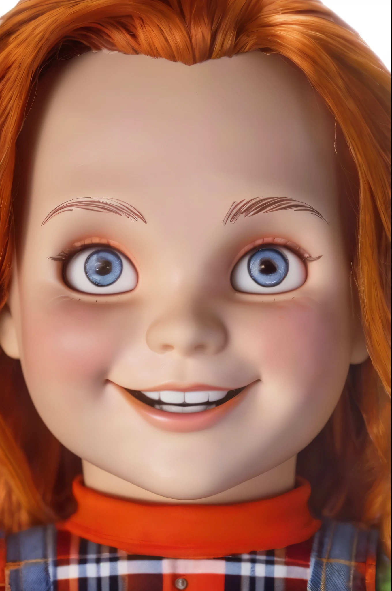 ((best quality, high resolution, masterpiece: 1.2) Good Guys doll, ultra-detailed, portrait, , [inspired by good guys], [doll], , [glass look, perfect], life size, [smile] , rubber [plaid lumberjack clothes, overalls], bright colors, orange and ambient lighting, brown shoes, with laces.