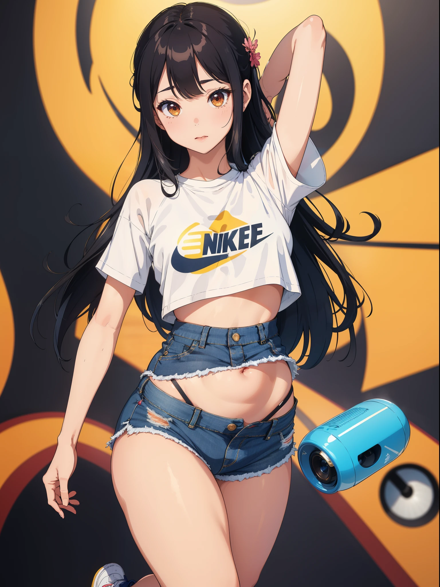 Uchimeimei, Very sensual, Clothes for girls with funk, Brazilian, Rio de janeiro, Dancing funk, scroll, big assa, thick leg, Wear extremely short denim shorts, wearing a mini shirt, There is leakage in the belly button, Nike sneakers, long whitr hair, Speakers at the back, full bodyesbian, Very realistic, Very sexy, 8K, 8K is extremely detailed), (Extremely Delicately Beautiful), (tmasterpiece), (Better quality: 1.0), (Ultra-high sharpness:1.0)