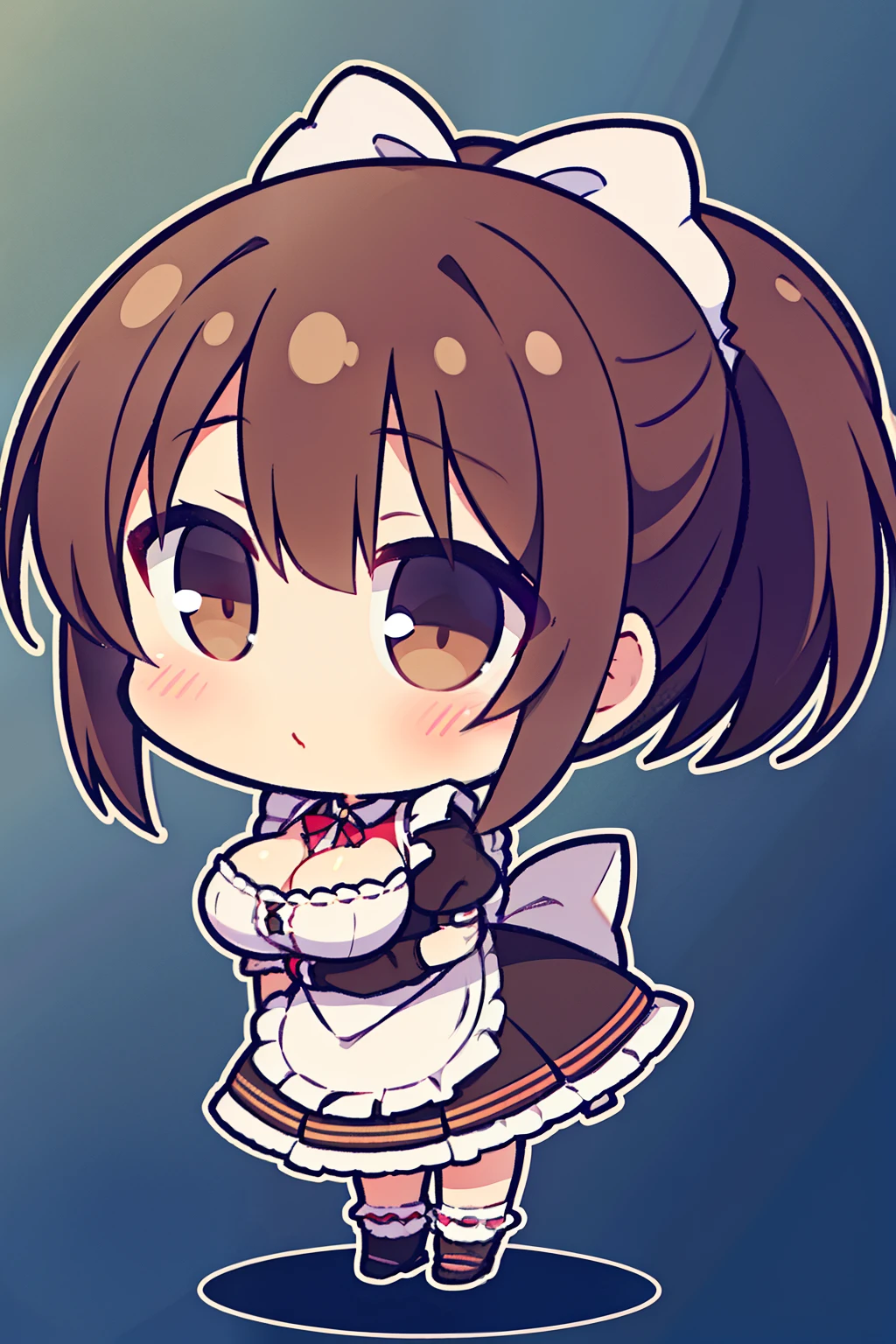 "anime girl, 1 person, dark brown hair, ponytail, ponytail, hair tied, brown eyes,chibi, maid, maid lolita, pants socks, big breasts, blushing, full body,solo, side view  front, (full HD 4K+ image )"