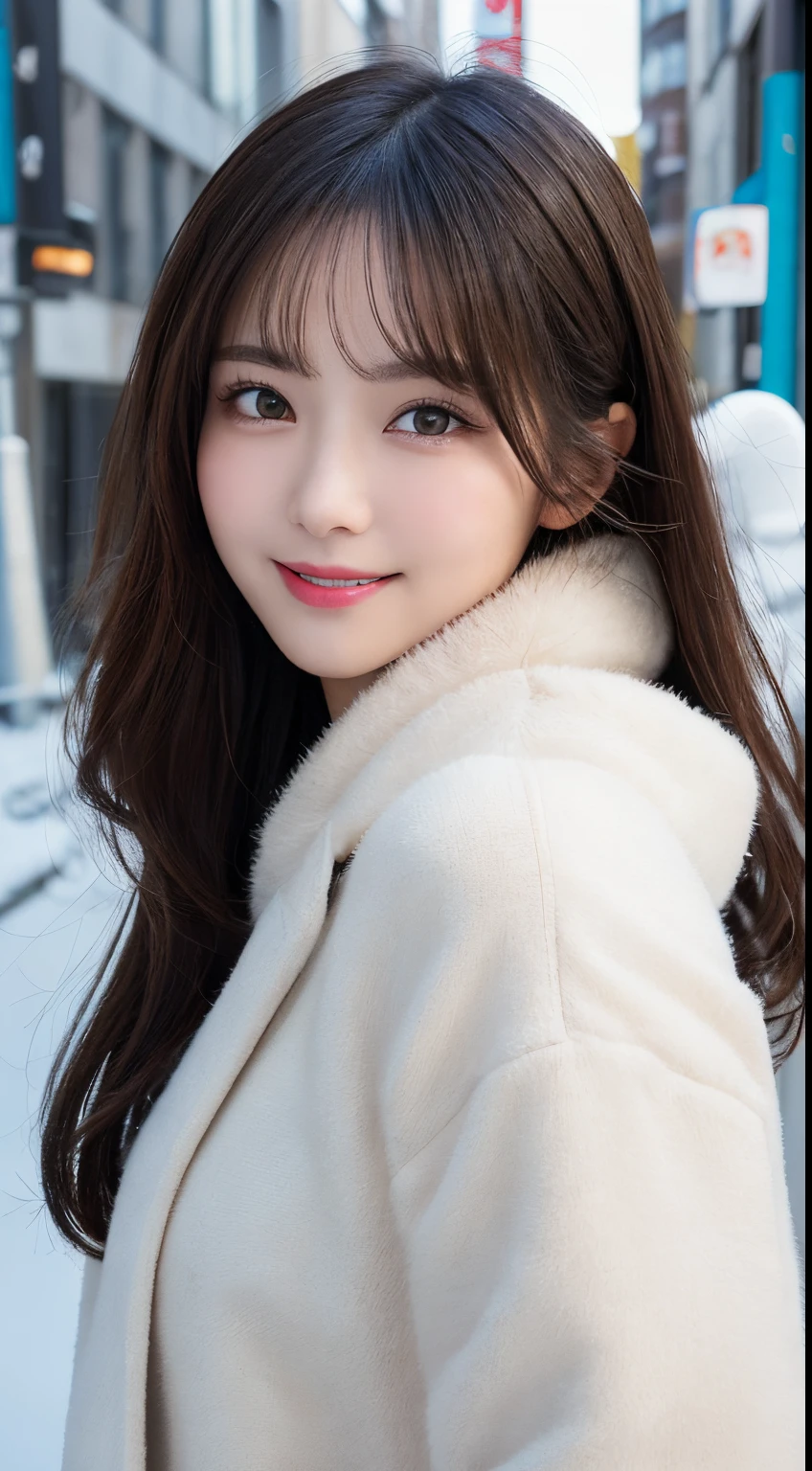 masutepiece, Best Quality, Illustration, Ultra-detailed, finely detail, hight resolution, 8K Wallpaper, Perfect dynamic composition, Beautiful detailed eyes, fluffy winter clothes(long court),Bob Hair,mid-chest, Natural Color Lip, Bold y poses,Smile,Harajuku、20 years girl、Cute、Sexhot looking at camera