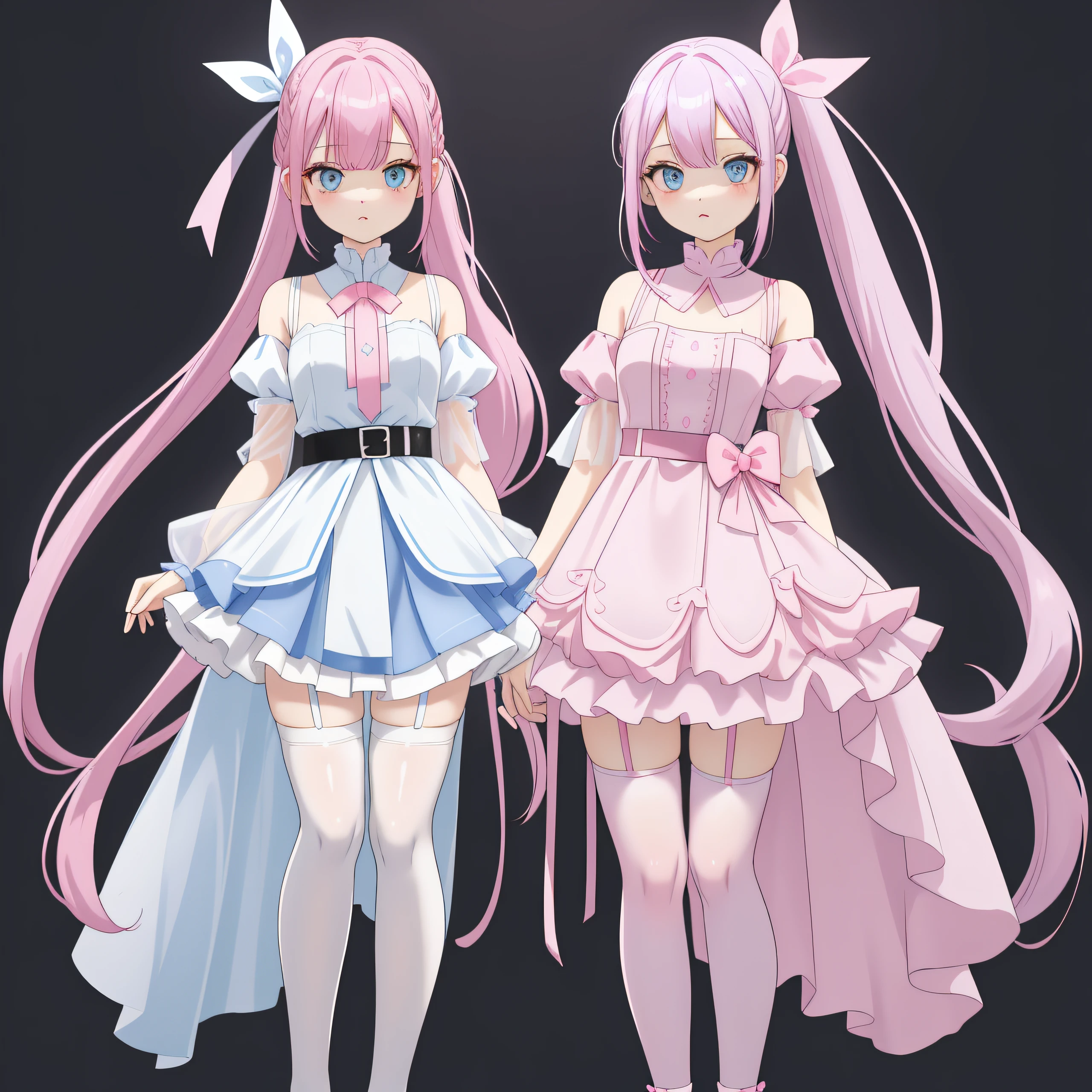 pale blue color eyes, dark pink hair color, Long double.pony tails, pale skin tone, ((nothing background)), ((Transparent PNG)), Cute pose, cute female , Gorgeous idol dress, White dress, over knee socks, Two-piece, pink ribbon belt, highers