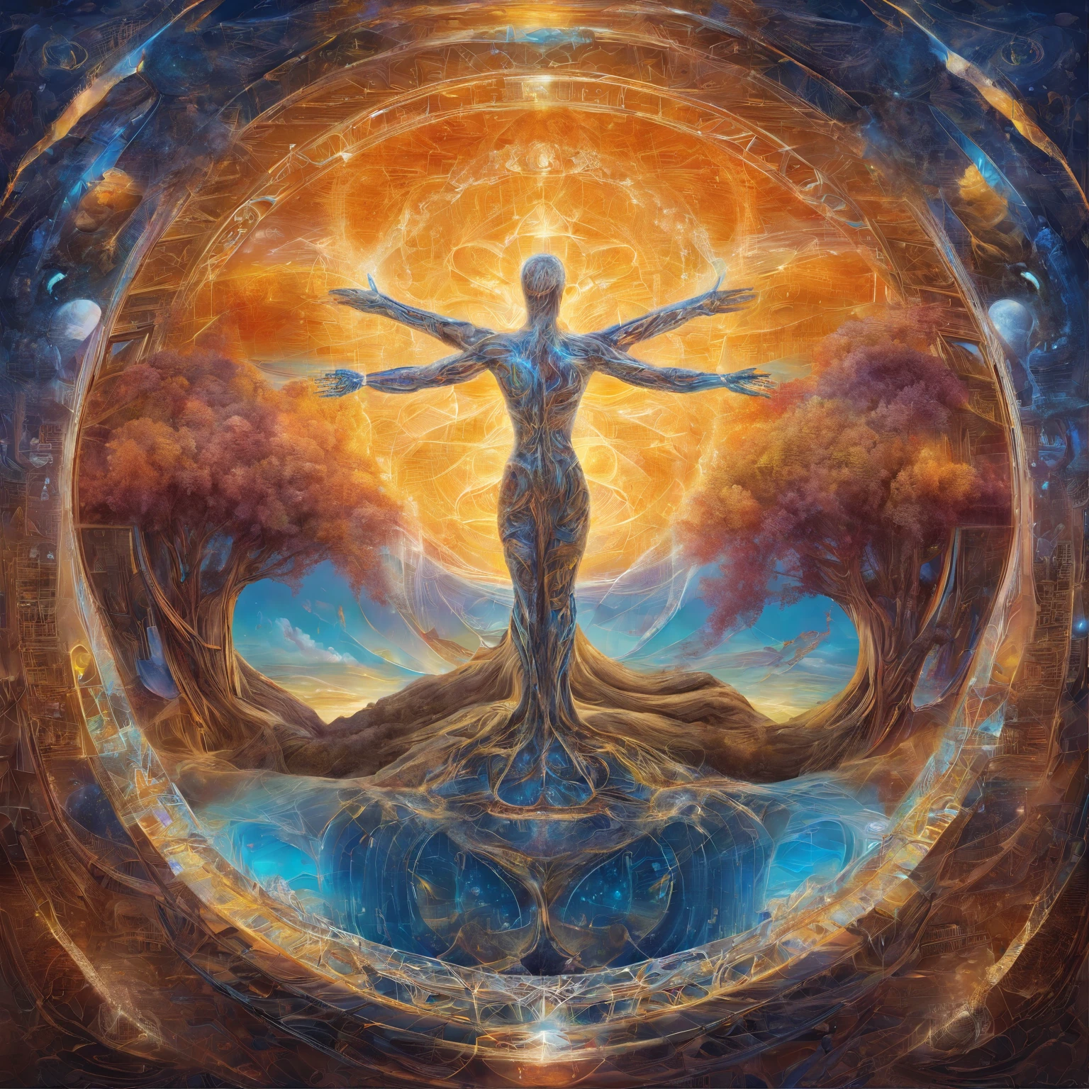 Beautiful symmetrical full body photo painted in oil with thick brushstrokes and wet paint, Fibonacci, golden ratio, melted wax, visible brushstrokes, surrounded by crystal spheres, 3D tessellation wireframe, neural graphic, neurons, tree of life, color, love, passion, oil on canvas, thick brushstrokes, insanely detailed, 8k uhd, masterpiece, artstation, surreal