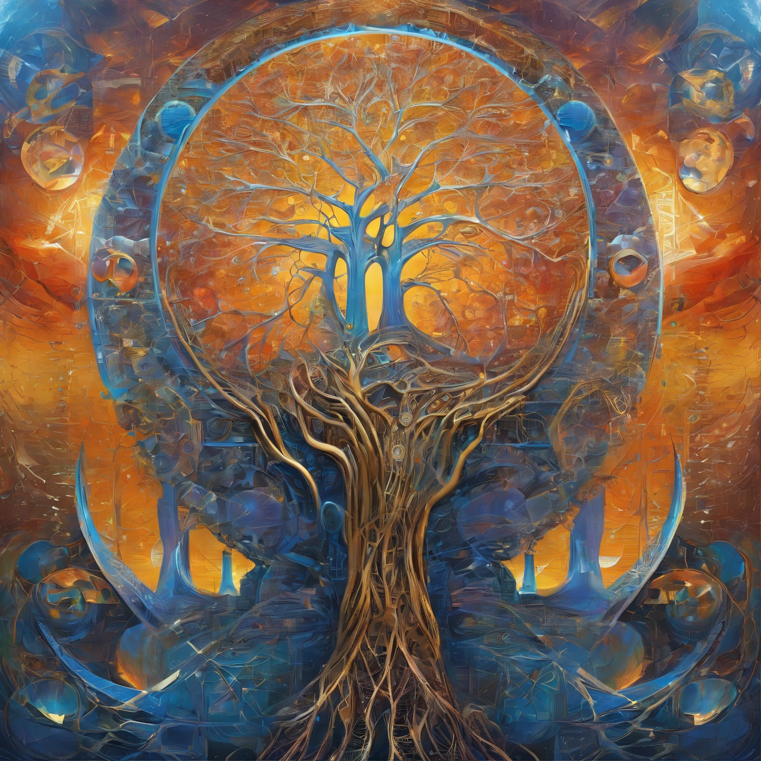 Beautiful symmetrical full body photo painted in oil with thick brushstrokes and wet paint, Fibonacci, golden ratio, melted wax, visible brushstrokes, surrounded by crystal spheres, 3D tessellation wireframe, neural graphic, neurons, tree of life, color, love, passion, oil on canvas, thick brushstrokes, insanely detailed, 8k uhd, masterpiece, artstation, surreal