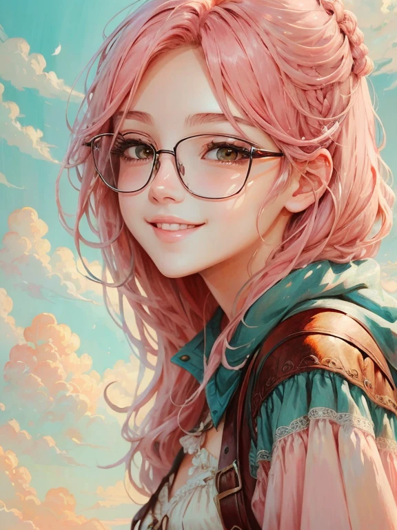 high-level image quality、Masterpiece、fine portrayal、Girl with glasses、A pink-haired、illustratio、Western、fantasy art style、anime styled、Friendly atmosphere、Soft atmosphere、pink there、a smile