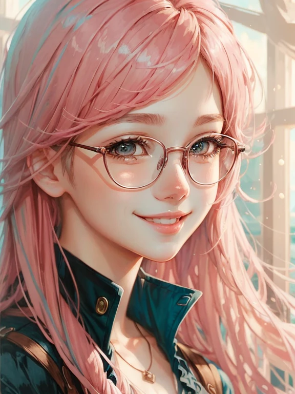 high-level image quality、Masterpiece、fine portrayal、Girl with glasses、A pink-haired、illustratio、Western、fantasy art style、anime styled、Friendly atmosphere、Soft atmosphere、pink there、a smile