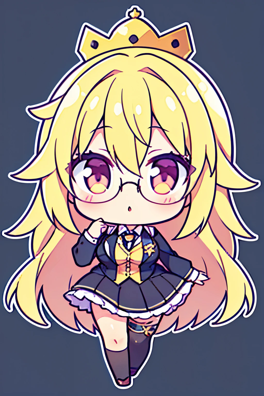 "anime girl, 1 person, blonde hair, glasses, crown, women's shirt, suit, tie, office clothes, front view, big breasts, tights, sitting on desk, bright sky, sitting cross-legged, high heels, smiling, (full HD 4K+ image)"