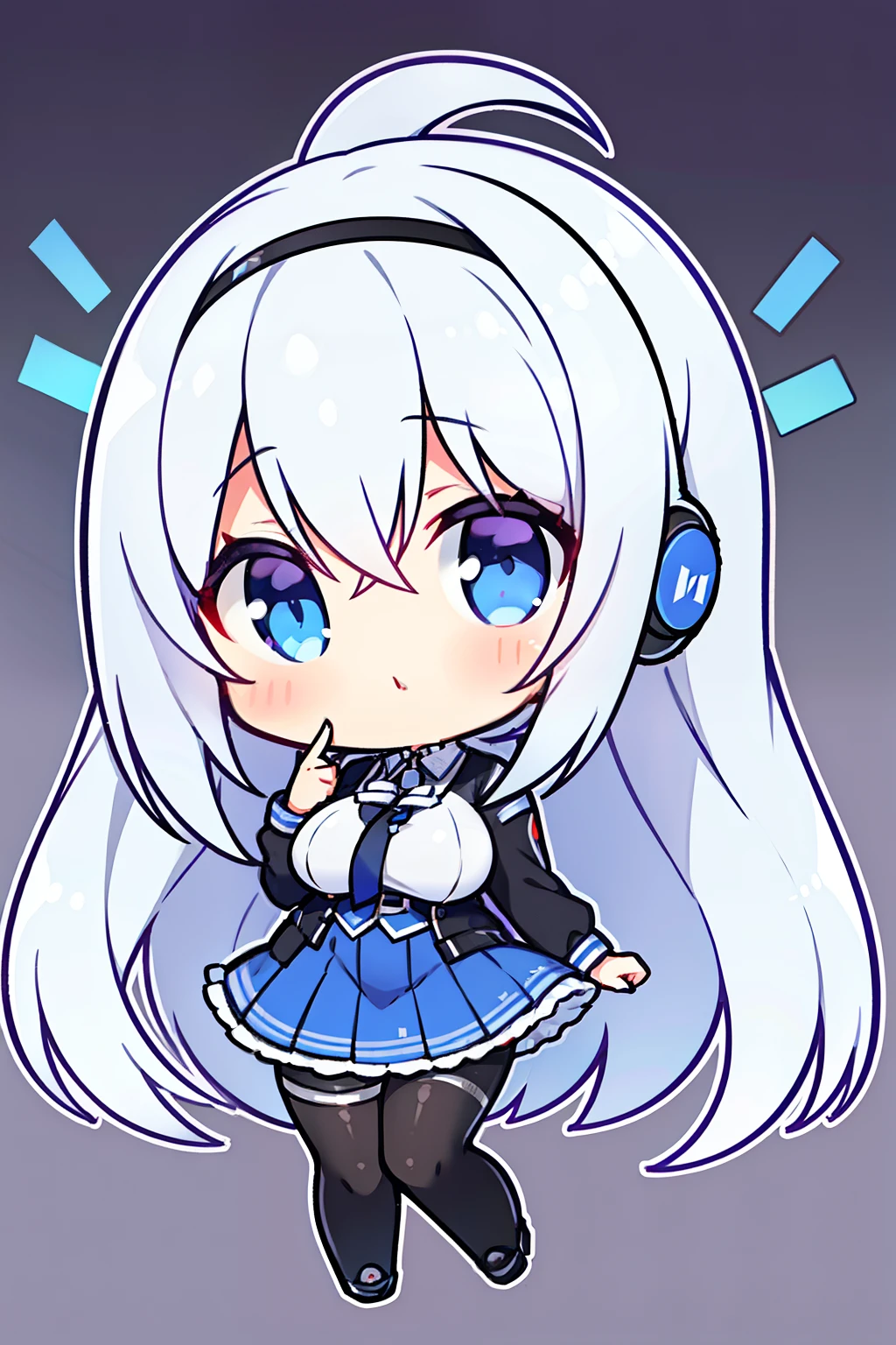 "anime girl, 1 person, silver white hair mixed with black, blue eyes, wearing headphones, female shirt, female school uniform, big breasts, tight pants, chibi,full body, looking in front, (HD image Full 4K+)"