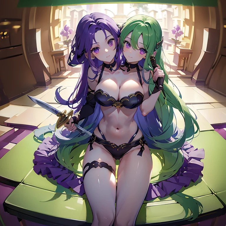 (masterpiece, best quality), best resolution, (2heads:1.5), 1girl, purple hair, light green hair, purple eyes, extremely long hair, cute, young girl, sword, ((holding sword))