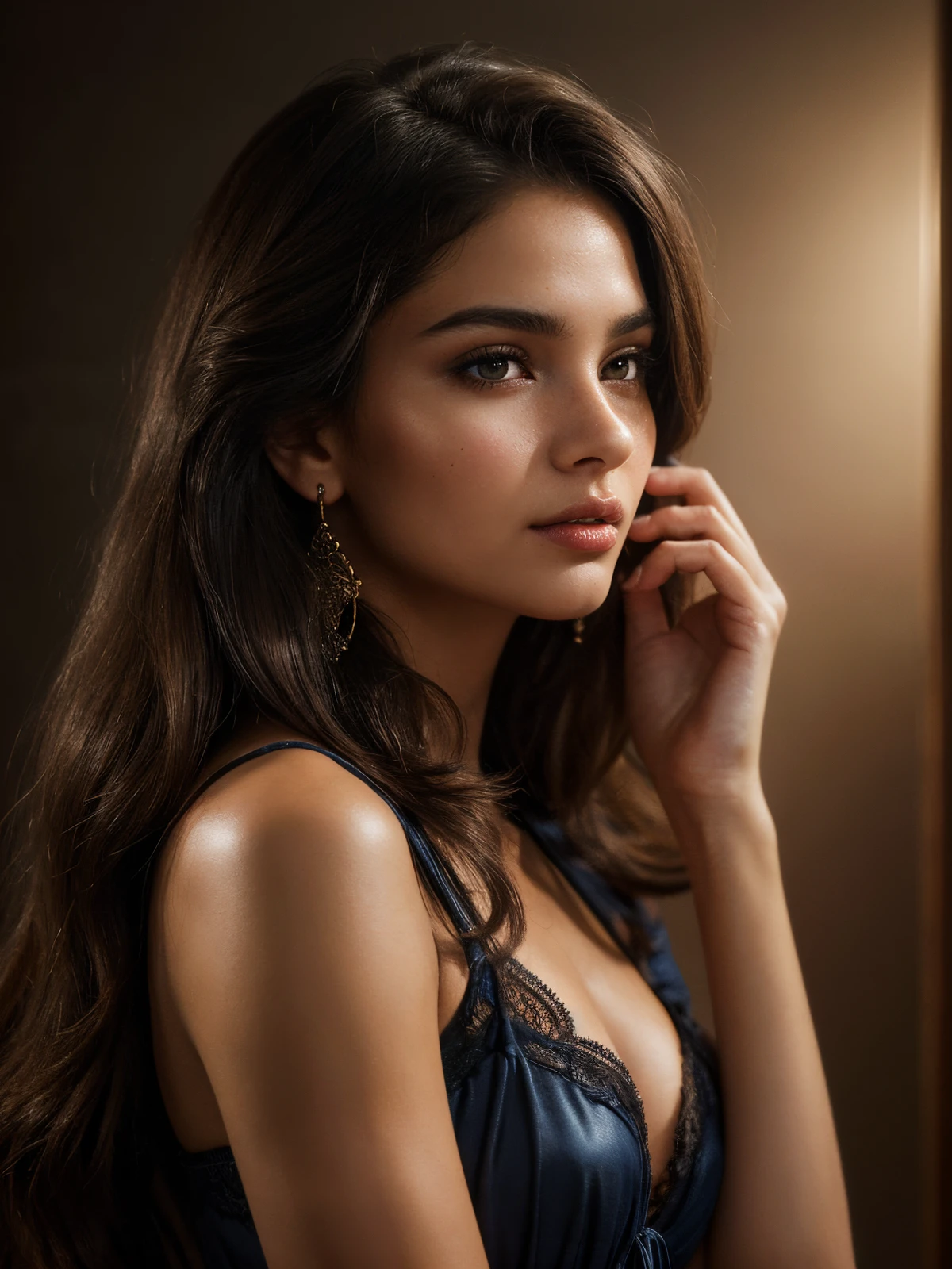 photo of a beautiful (dark-skinned girl:1.2) on a blue velvet background, Blue velvet drapery background, (Textured fabric of the highest quality on a blue velvet background), lush blue drapery behind her with accent highlights(Highest Quality), her frontal shot on camera, Skin smooth and radiant, Film quality, The woman (ultra-realistic , ia&#39;in deep darkness ,Soft accents, Magnificent lighting in the style of Rembrandt., (Rembrandt Patch), Her juicy, cascades of natural dark hair, giving her face an aura of charm. With amazing eyes, adorned with long lashes, eyes, Rich, deep colours, Ancient seduction and passion. Finely detailed(Fine-grained), (Highly detailed skin texture of peachy-fluffy earlobe is realistic.) ○○ RES – ○○ Ultra High Resolution Resolution(hight resolution) , Very high resolution textures(Light Resolution), Realistic - Realistic Photorealistic - (photorealistic beautiful eyes, Pupil colors, 4k) , 8K,極端なディテール, Close and intimate, She looks directly at the viewer, Mesmerizing eyes, Looking at us,Her perfectly sculpted lips, Very real lip glasses,painted in a bright crimson shade. aka Engr, Vermeer Corporation, work of art, Explore your desires.Solo Woman, (Highest quality leather), Long hair, Every detail,fine facial traits, micro-details of skin and hair Masterpiece – Masterpiece ○○ quality – ○○ quality best quality(Highest Quality) ,Leica Film, Best, solo female, hiquality (hiquality)　etc. D. ○ ○ ○ Detail - ○ ○ Detail ultra-fine details(micro details), Photorealistic, Extremely detailed(Extremely detailed) , Finely detailed(Fine-grained), (Highest skin texture detail) ○○ RES – ○○ Ultra High Resolution Resolution(hight resolution) , Very high resolution textures(Light Resolution), Realistic - Realistic Photorealistic - photorealistic beautiful - beautiful 4K , 8K, Relaxed, Close and intimate,
