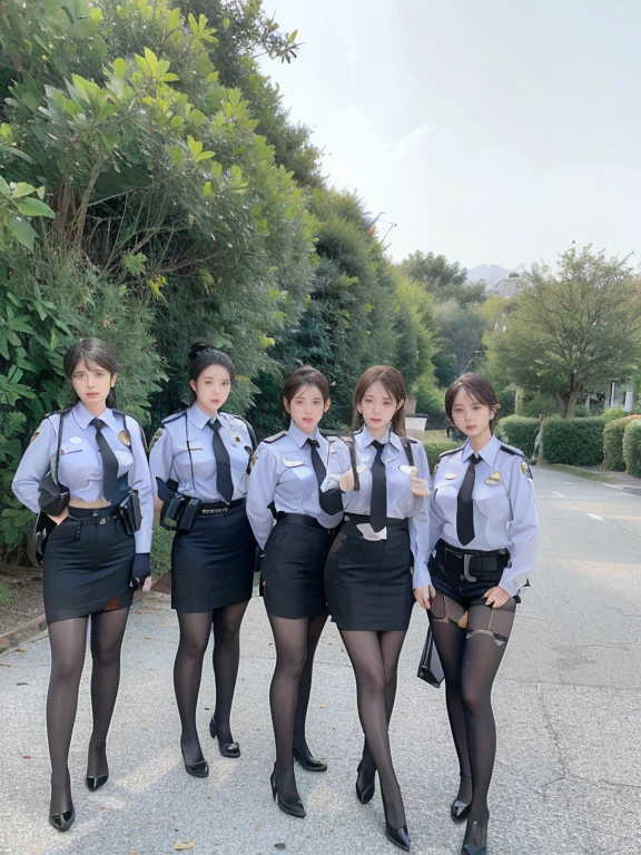 Policewoman，Professional uniforms，white  shirt，Black hip skirt，black heels，100D black butt socks，Black stockings，black pantyhoses，Thick black stockings，Colossal tits，Upturned buttocks，super detailing，hyper HD,A high resolution,1080p,Anatomically correct，acurate，body coordination，Portrait photos，Delicatemakeup，Slender thighs，Best quality at best, tmasterpiece, 超A high resolution, RAW photogr, Beautiful and beautiful,deepshadow, (realisticlying:1.4), full-body composition, Striking perspective，barechested