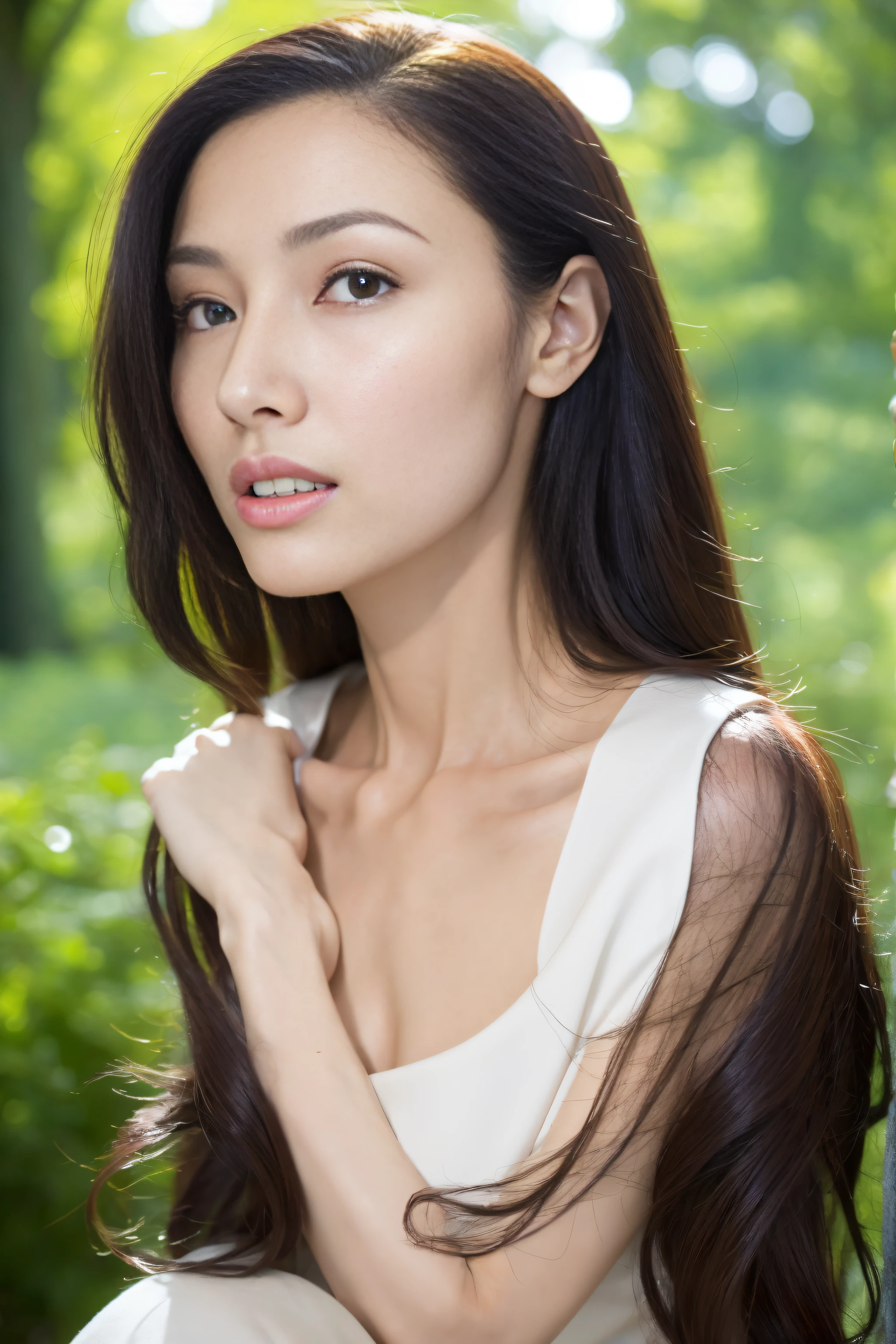a fashion model，25 age old，[[[[Close-up cleavage]]]], [[[[climaxing]]]], [[[[Cole]]]], [[[[bshoulder]]]],perfect  eyes, Perfect iris，perfect lips，perfect teeth，Perfect Skin，with fair skin，HighDynamicRange，Movie Girl，(delicated face)，(Highly defined faces)，((closeup of face))，White casual wear，The background is green trees，fresh flowers，4K Ultra HD, 超高分辨率, (realistically: 1.4), Best quality，tmasterpiece，（pastel colour：1.2）