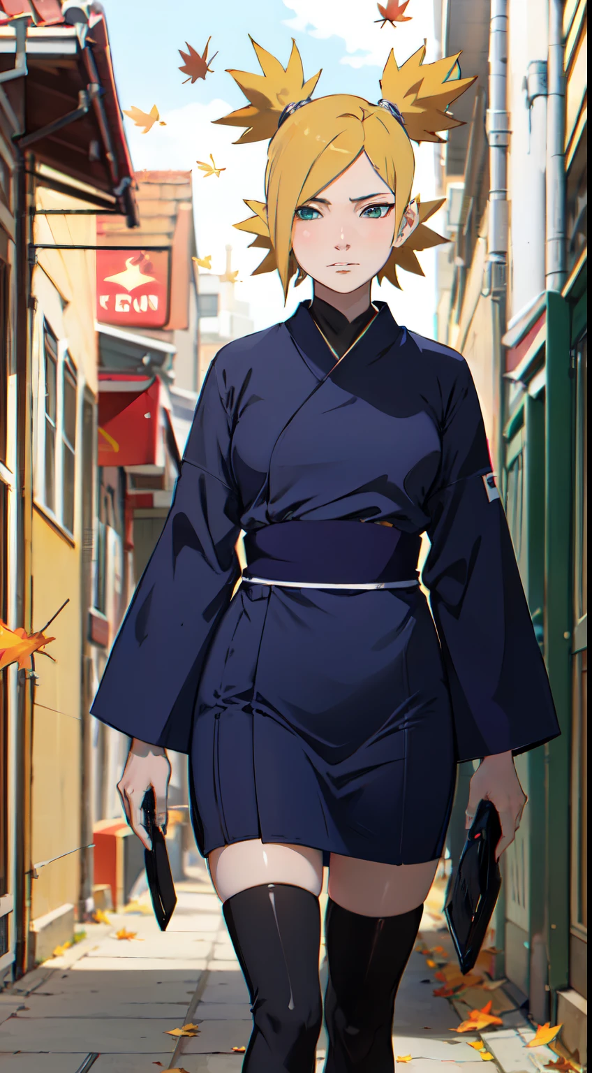 Obra maestra, absurdos , (Detalles intrincados), (De color),cinematic lighting,Disparo de reventado,fondo de pantalla CG 8k extremadamente detallado,temario\(Boruto\), 1girll, hembra madura,kimono azul,falda arriva de las piernas sentada, al aire libre, (falling leaves:1.3), autumn leaves, (autumn), luz del sol, arce, labio partido,viento, Ver el visor, temario\(Boruto\)，agachado，Mantenga sus manos en la pared，pose muy sexy