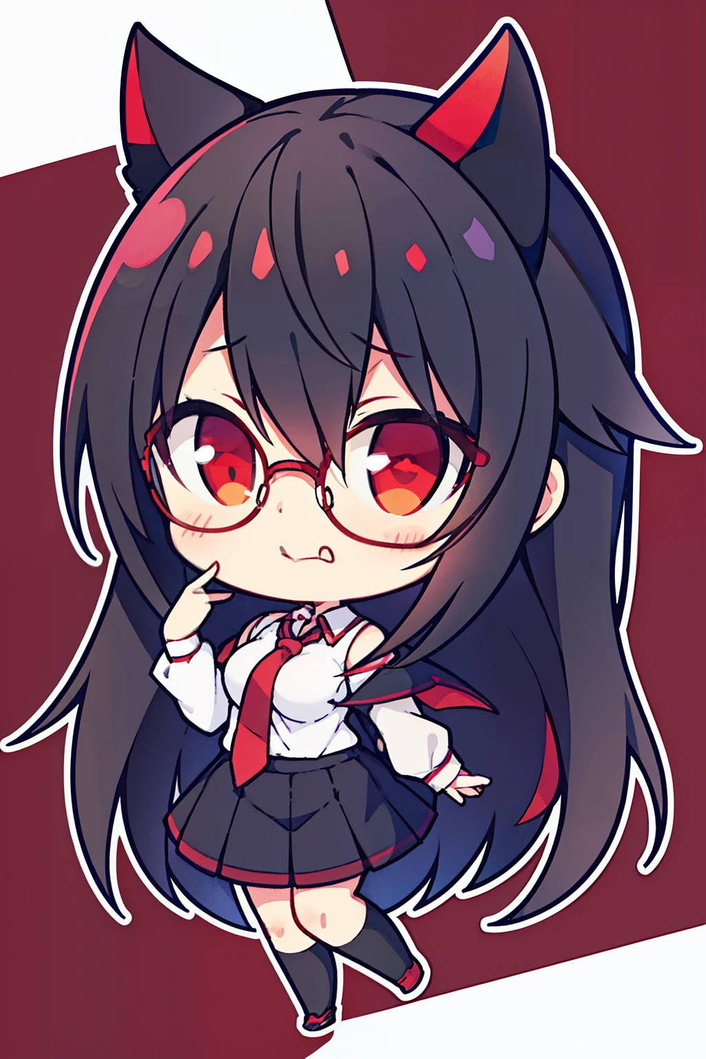 "anime girl, 1 person, black hair, shoulder length hair, red eyes, glasses, white horns, wearing a girl's shirt, tie, school clothes, big breasts, pants socks, licking lips, small black wings back,chibi,full body,solo, front view, (full HD 4K+ image)"