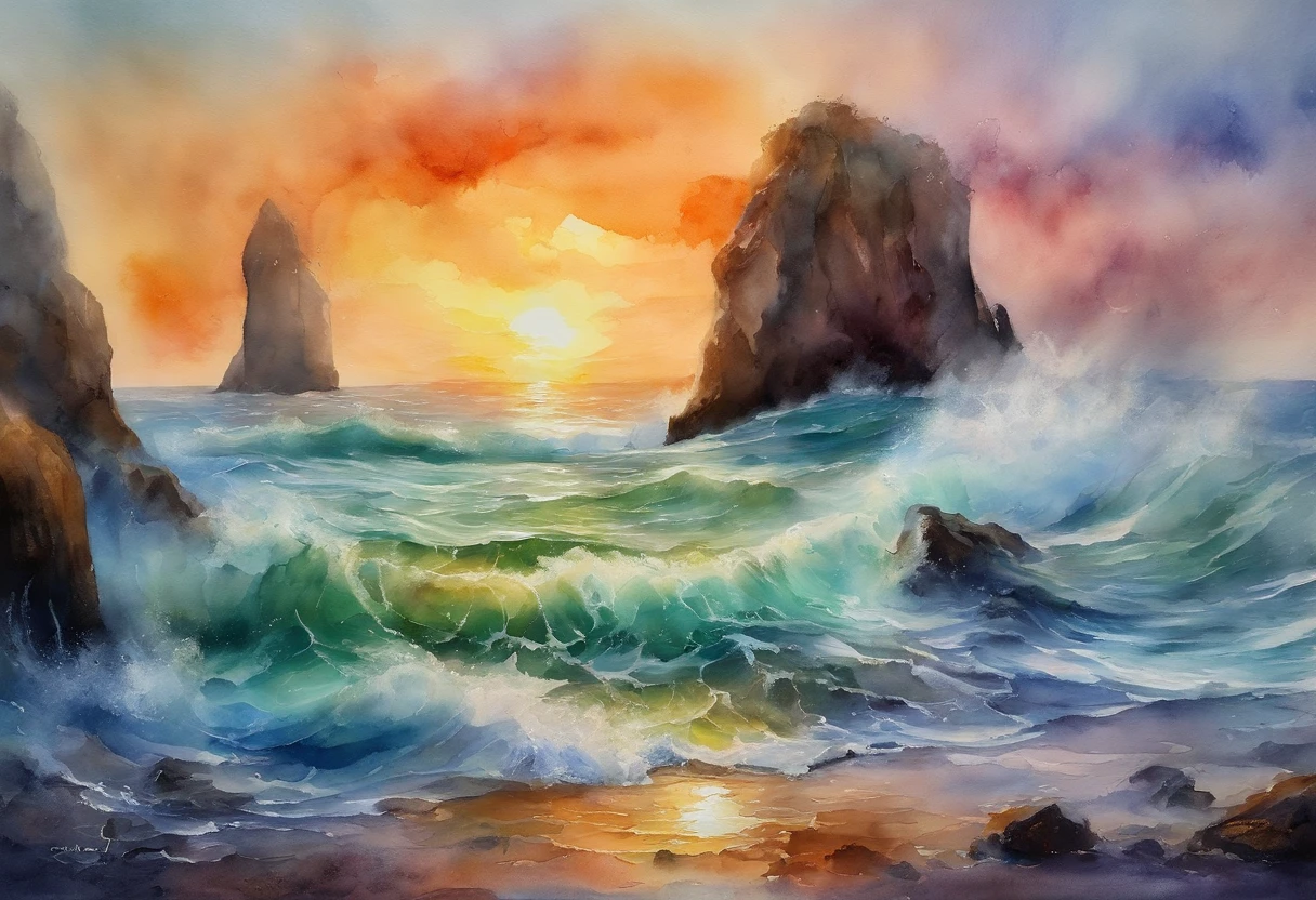 the sea,In the ocean,Close-up of water rushing into rock formations,rock arch,sunraise。swell sea