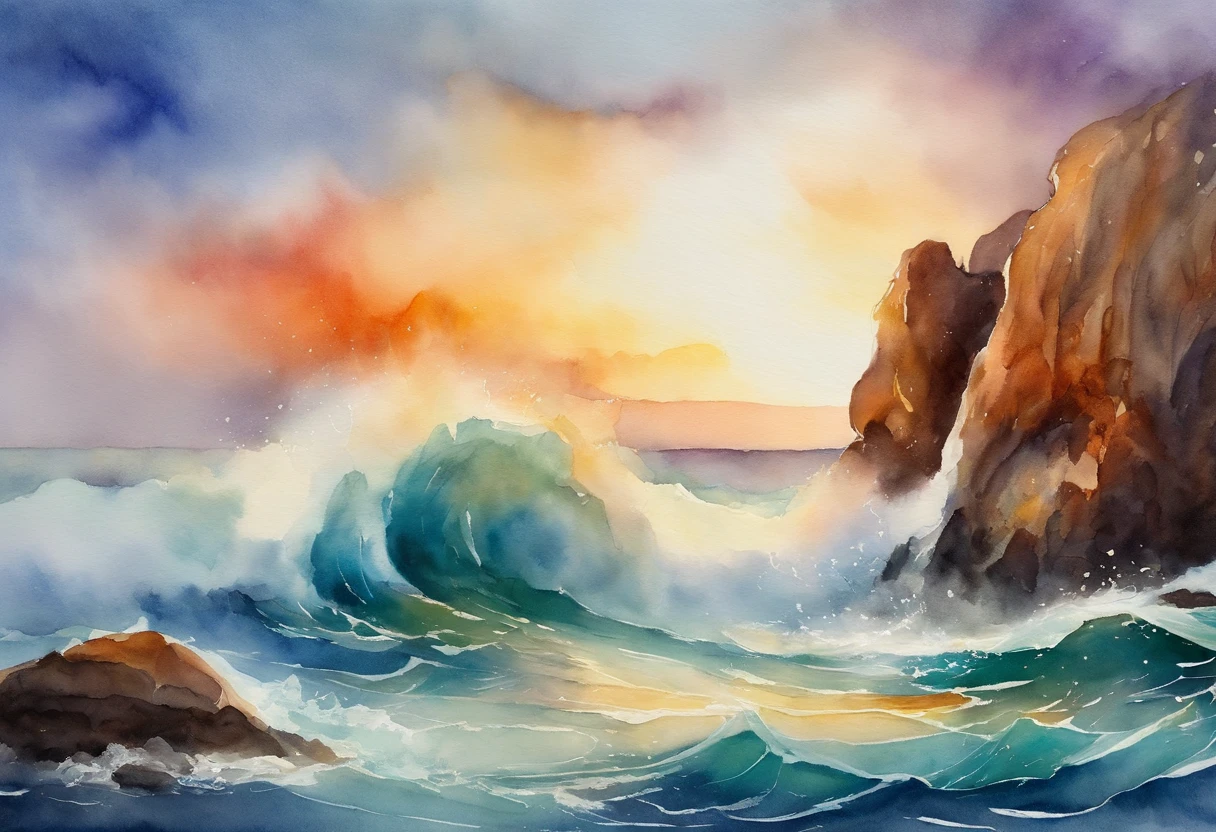 the sea，In the ocean，Close-up of water rushing into rock formations，rock arch，sunraise。swell sea