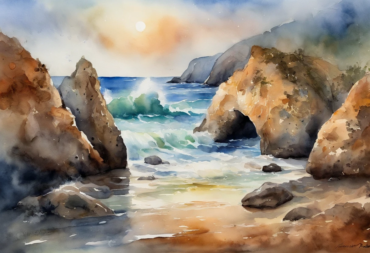 the sea,In the ocean,Close-up of water rushing into rock formations,rock arch,sunraise。swell sea