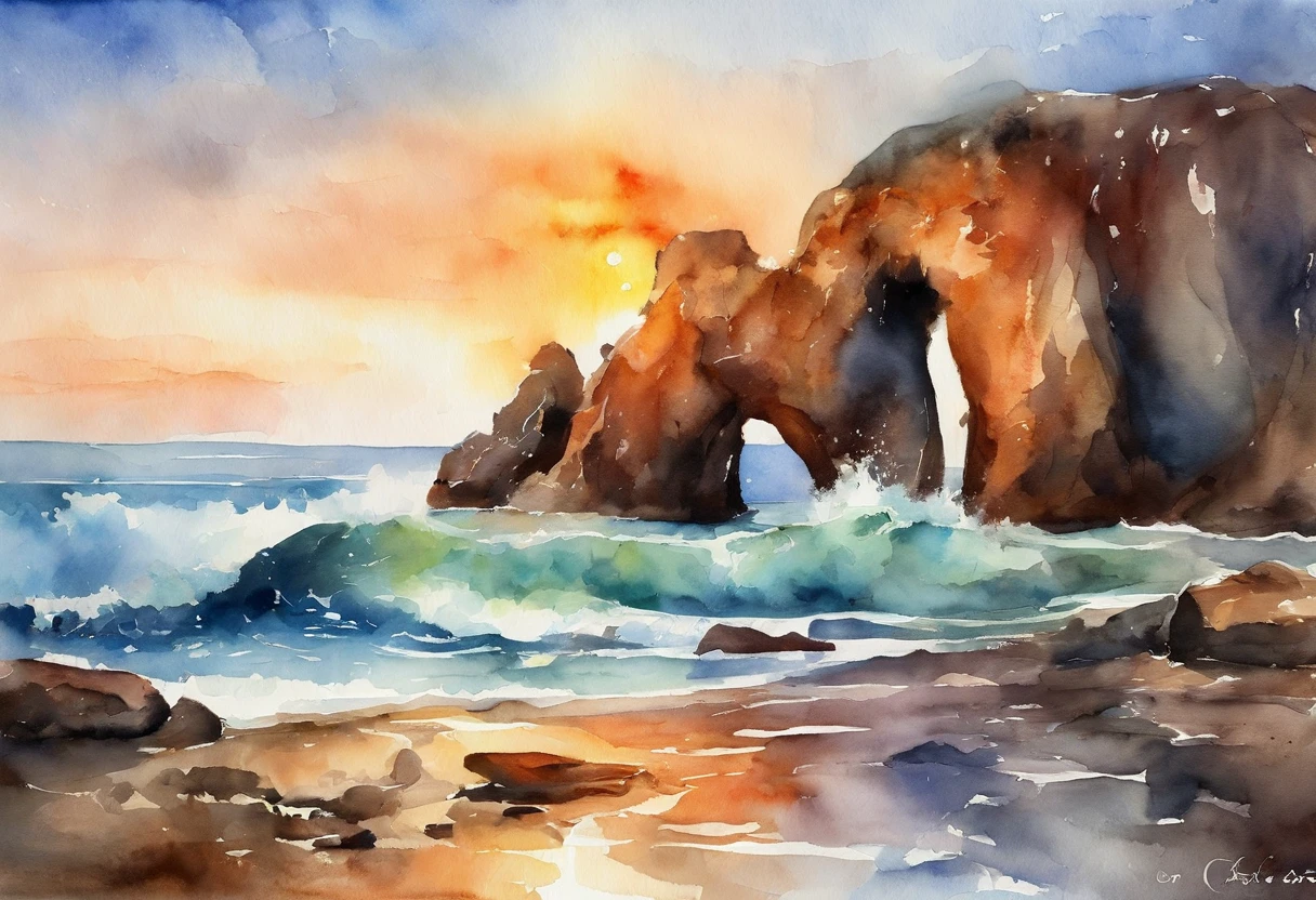 the sea,In the ocean,Close-up of water rushing into rock formations,rock arch,sunraise。swell sea