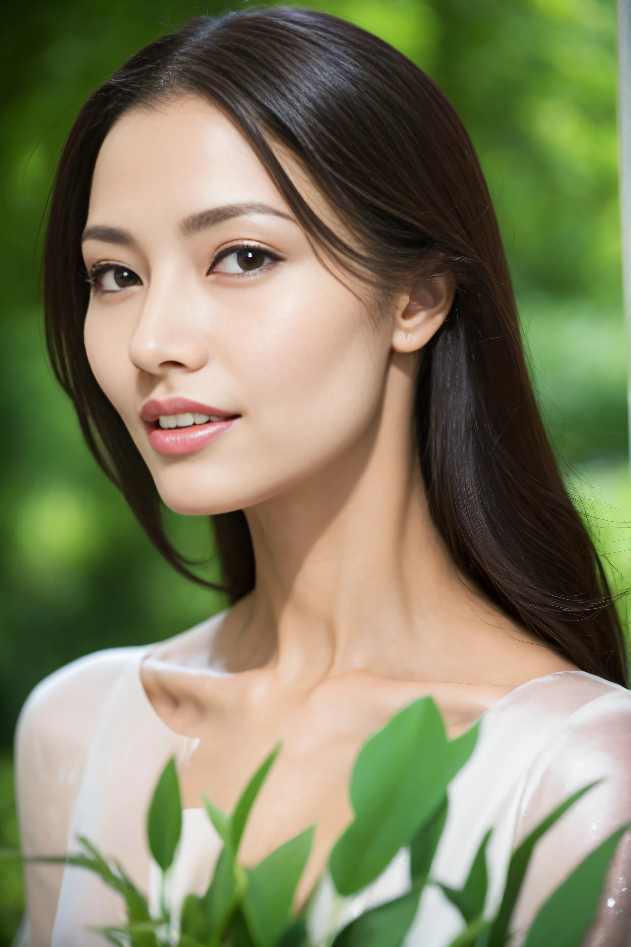 a fashion model，25 age old，[[[[Close-up cleavage]]]], [[[[climaxing]]]], [[[[Cole]]]], [[[[bshoulder]]]],perfect  eyes, Perfect iris，perfect lips，perfect teeth，Perfect Skin，with fair skin，HighDynamicRange，Movie Girl，(delicated face)，(Highly defined faces)，((closeup of face))，White casual wear，The background is green trees，fresh flowers，4K Ultra HD, 超高分辨率, (realistically: 1.4), Best quality，tmasterpiece，（pastel colour：1.2）