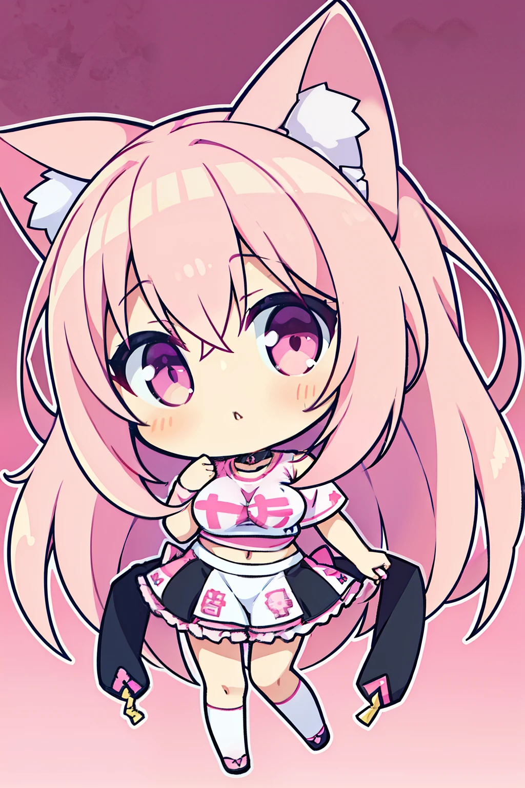 "anime girl, 1 person, pink hair, pink cat ears, pink eyes, t-shirt, white t-shirt, black women's open-shoulder jacket, black miniskirt, pants socks, big breasts,chibi,full body,solo, frontal view, standing cross-legged. (full HD 4K+ image)"