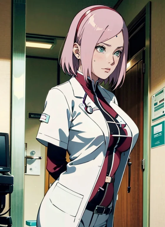 RAW, ultra detail hair, ultra detail skin, , (high detailed skin:1.2), 8k uhd, ultra hd, dslr, soft lighting, high quality, film grain, Fujifilm XT3 (pov:1.3), from front, sakura\(boruto\), (head to waist shot:1.0), a portrait photo of 22 y.o woman in (doctor coat:1.2), (white blouse:1.2), (wavy short pony tail pink hair :1.2), pale skin, slim body, large boob, green eyes, soft gaze, super realistic, (Stethoscope on her neck:1.1), background pure sky ,in hospital, lab room