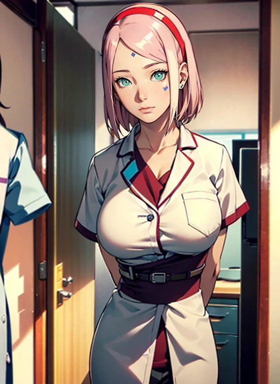 (SFW)1 MATURE WOMAN (adult), sexy body, Perfect Body, very tight clothes (hospital coat), Shows a lot of skin, sexy clothes,, Breasts Showing, standing in the doctor's office, Close-up, arms behind back, Sakura Haruno adult doctor serious,medical professional, Red hairband, ((white shirt)), white jeans, hot, big breasts, Front view, Standing, s office ((buttoned shirts))((medical profession))