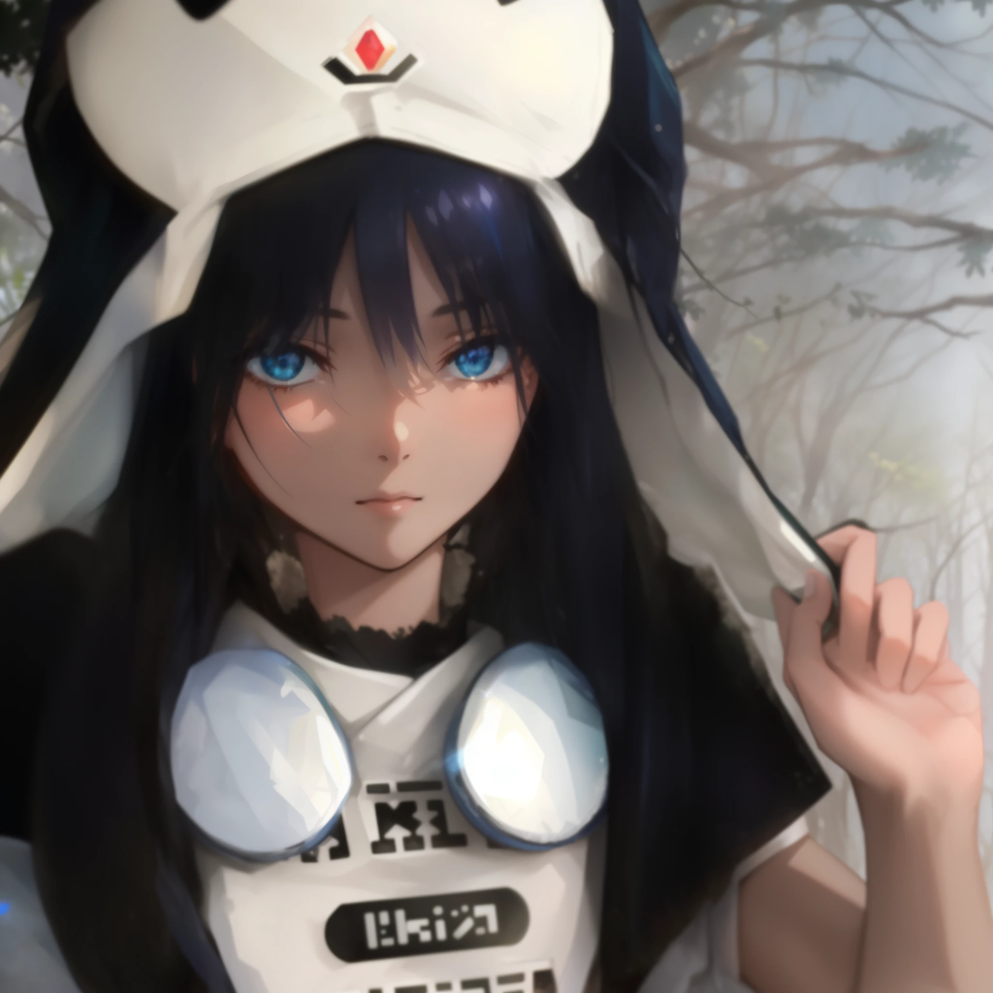 ((A far view)) of a black-haired anime  girl, (sitting in the (forest)), ((strong sunlight)), cinematic light, slim body, skin is perfectly healthy, soft, and smooth, Extremely delicate and beautiful CG illustration, best quality, high resolution, dynamic angle, full-length lens, (1 girl), floating, soft light, high-key lighting), glowing light, blue halo, blue crystal, ((very cinematic))