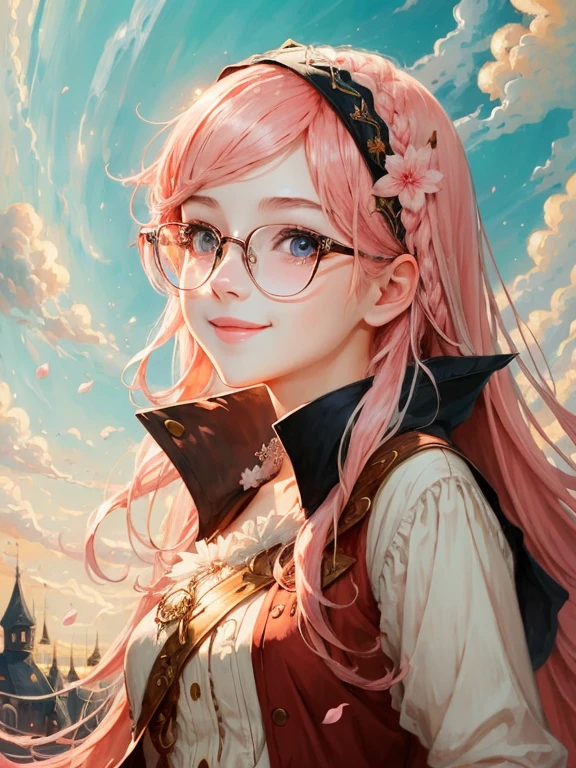 high-level image quality、Masterpiece、fine portrayal、Girl with glasses、A pink-haired、illustratio、sorcerer、Europe、fantasy art style、anime styled、Friendly atmosphere、Soft atmosphere、pink there、a smile