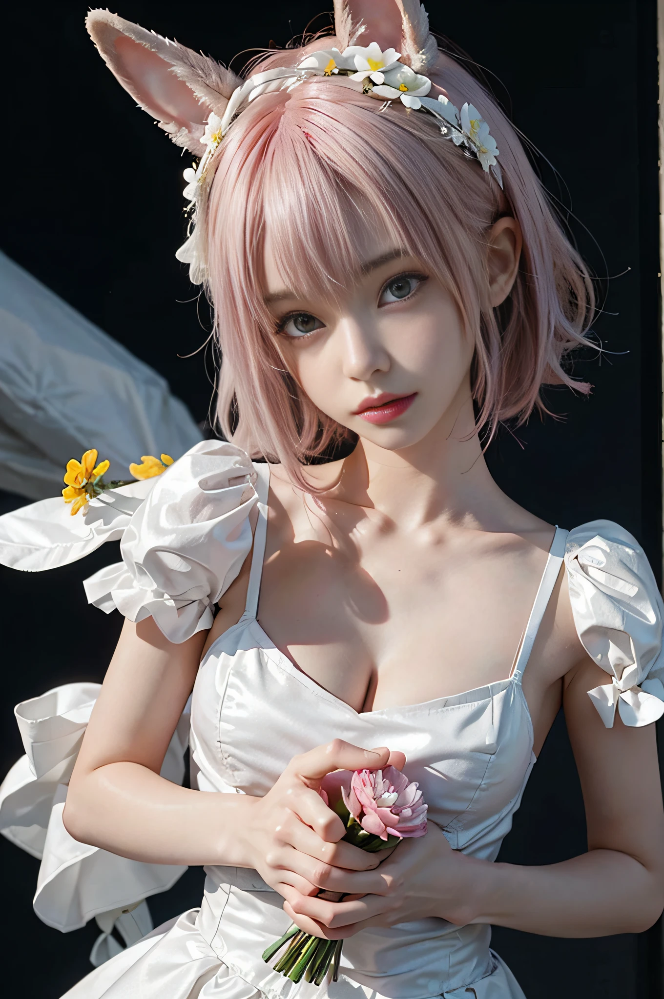 Cute girls, with pink hair, bunnygirl, Surreal, Detailed lighting, and soul, Holding a bouquet of white flowers,Best quality at best,Different actions
