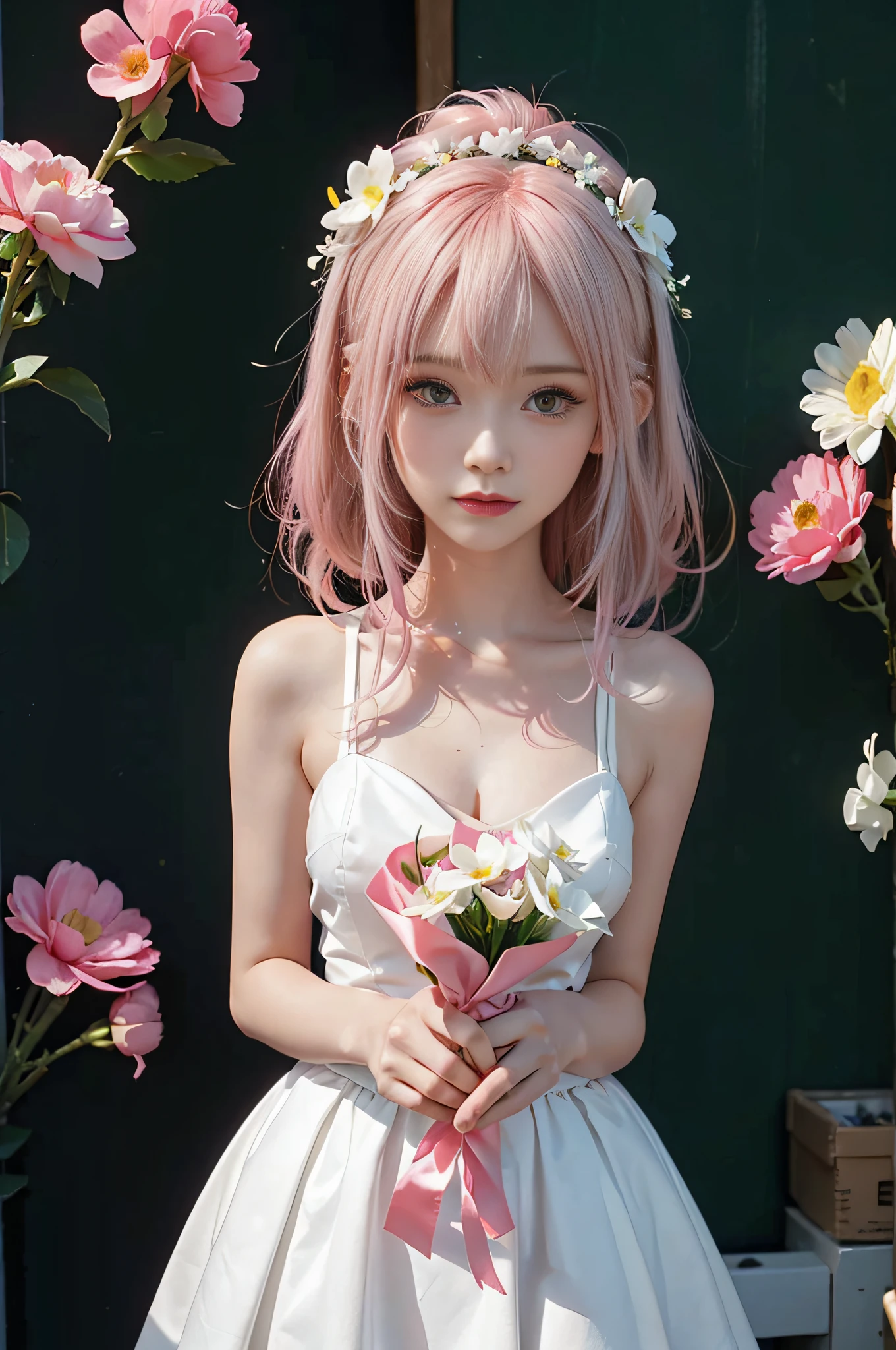 Cute girls, with pink hair, bunnygirl, Surreal, Detailed lighting, and soul, Holding a bouquet of white flowers，Best quality at best，Different actions