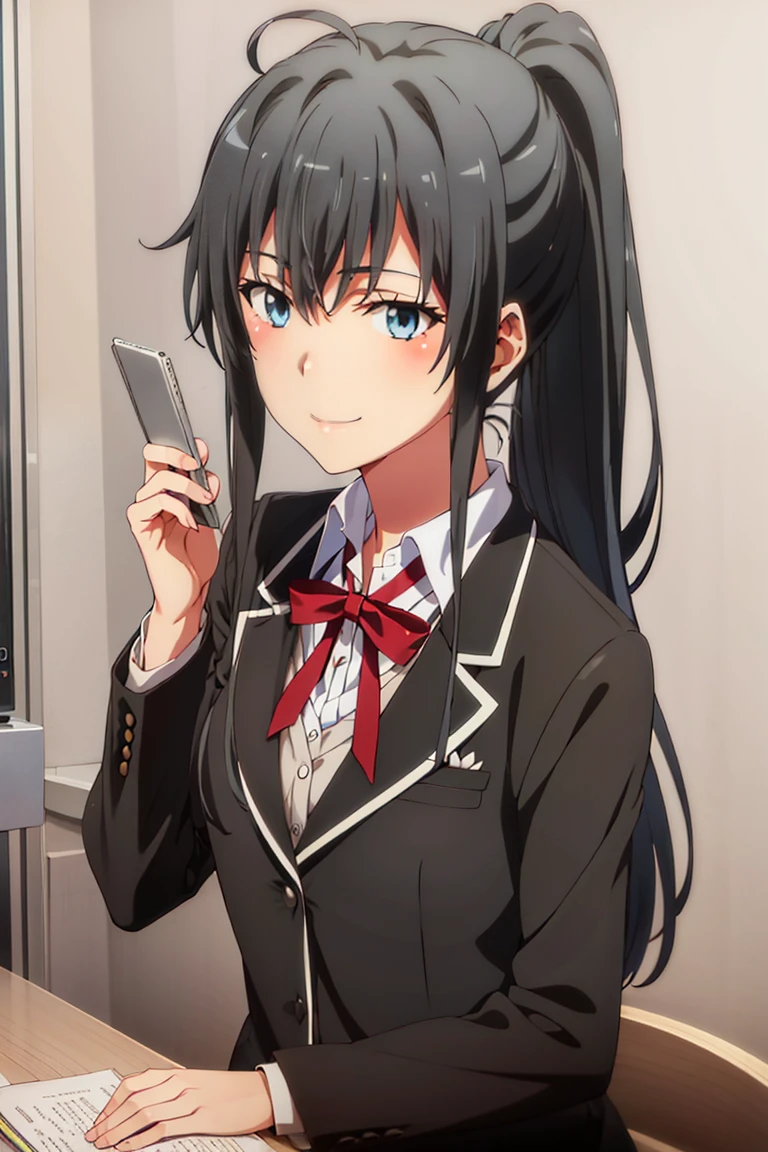 Yukinoshita Yukino, 1girl, Tuxedo, anime, Colored, 8k, Ponytail hair, detailed blue eyes, Hotel room wallpaper, breast, smile