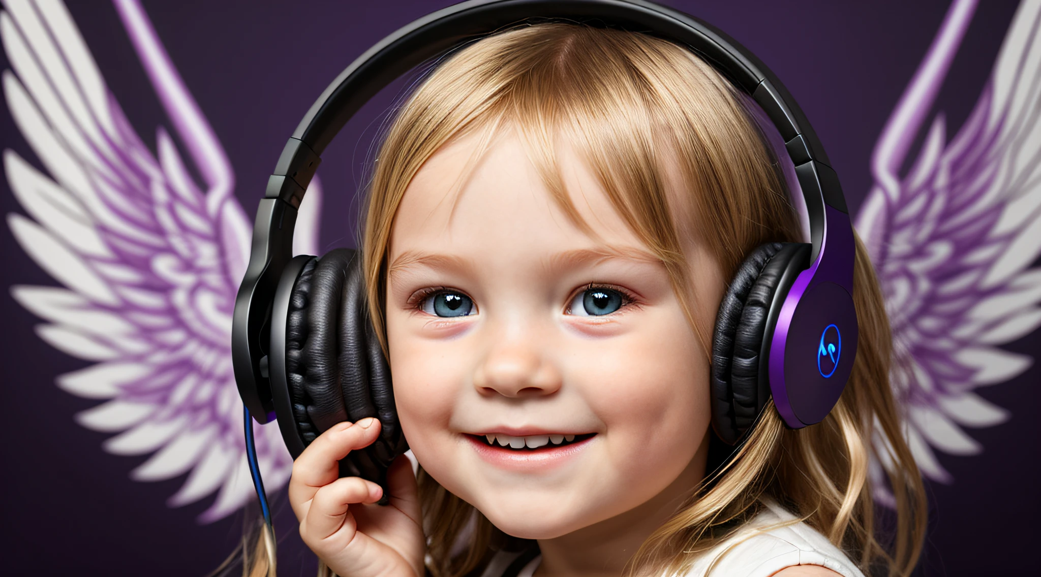 um close de um anel de fone de ouvido de uma  loira pegando fogo., com asas em um fundo roxo, Asas pretas ligeiramente queimadas, cruz, Cruzes, Asas Negras,