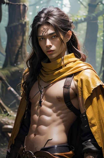 Handsome men ,RPG、Small eyes、tied up long hair、fantasy style clothing、yellow outfit、wearing a long yellow bandana、Black hair、abdominals、Small size of clothes