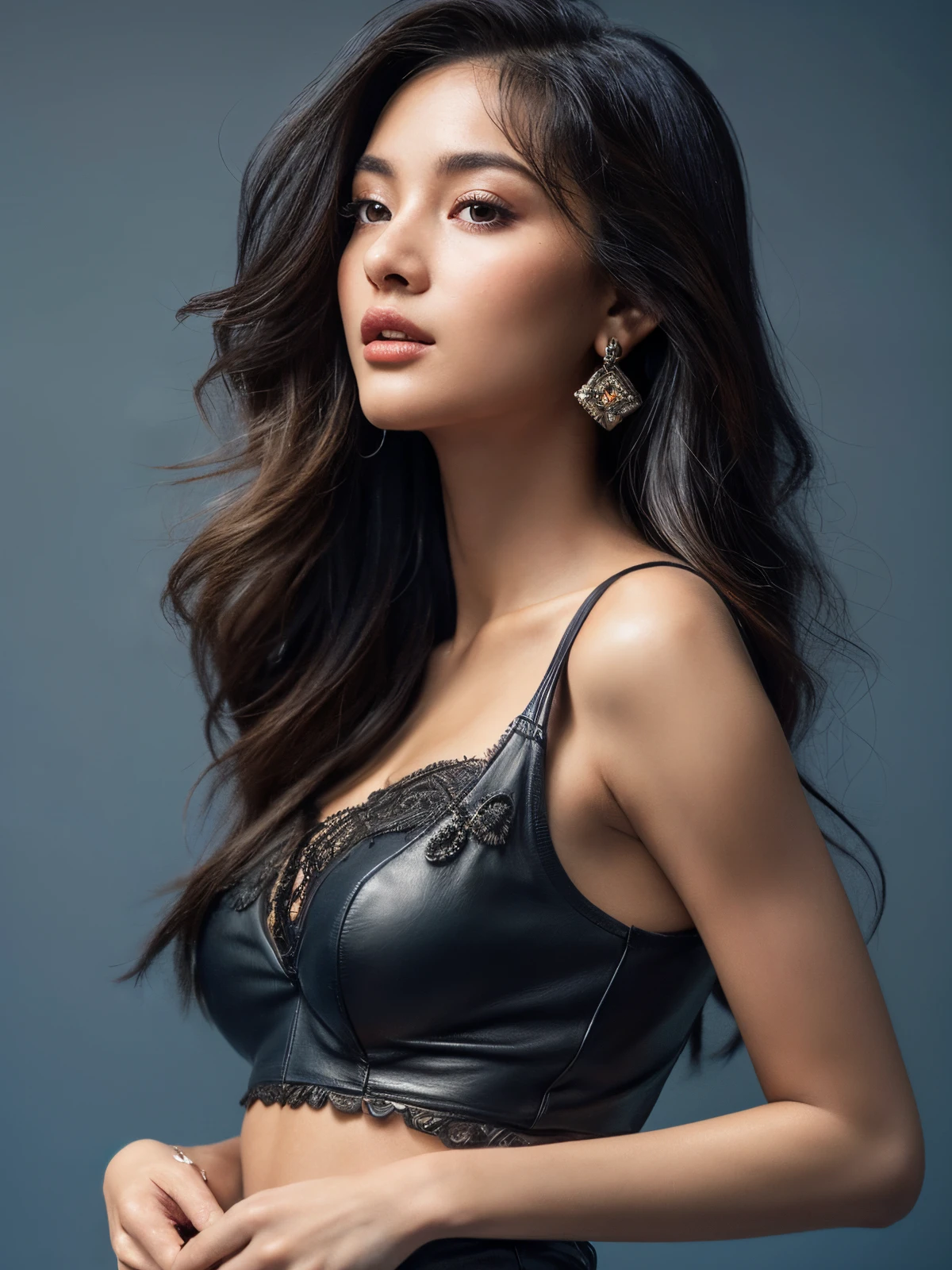 modelshoot style, (extremely detailed CG unity 8k wallpaper), full shot body photo of Portrait of a beautiful woman, see-through crop top, suit open, dark flowy hair, photorealistic photography, trending on ArtStation, trending on CGSociety, Intricate, High Detail, Sharp focus, dramatic, photorealistic photography shot on Canon EOS mark IV, f5.6, matte