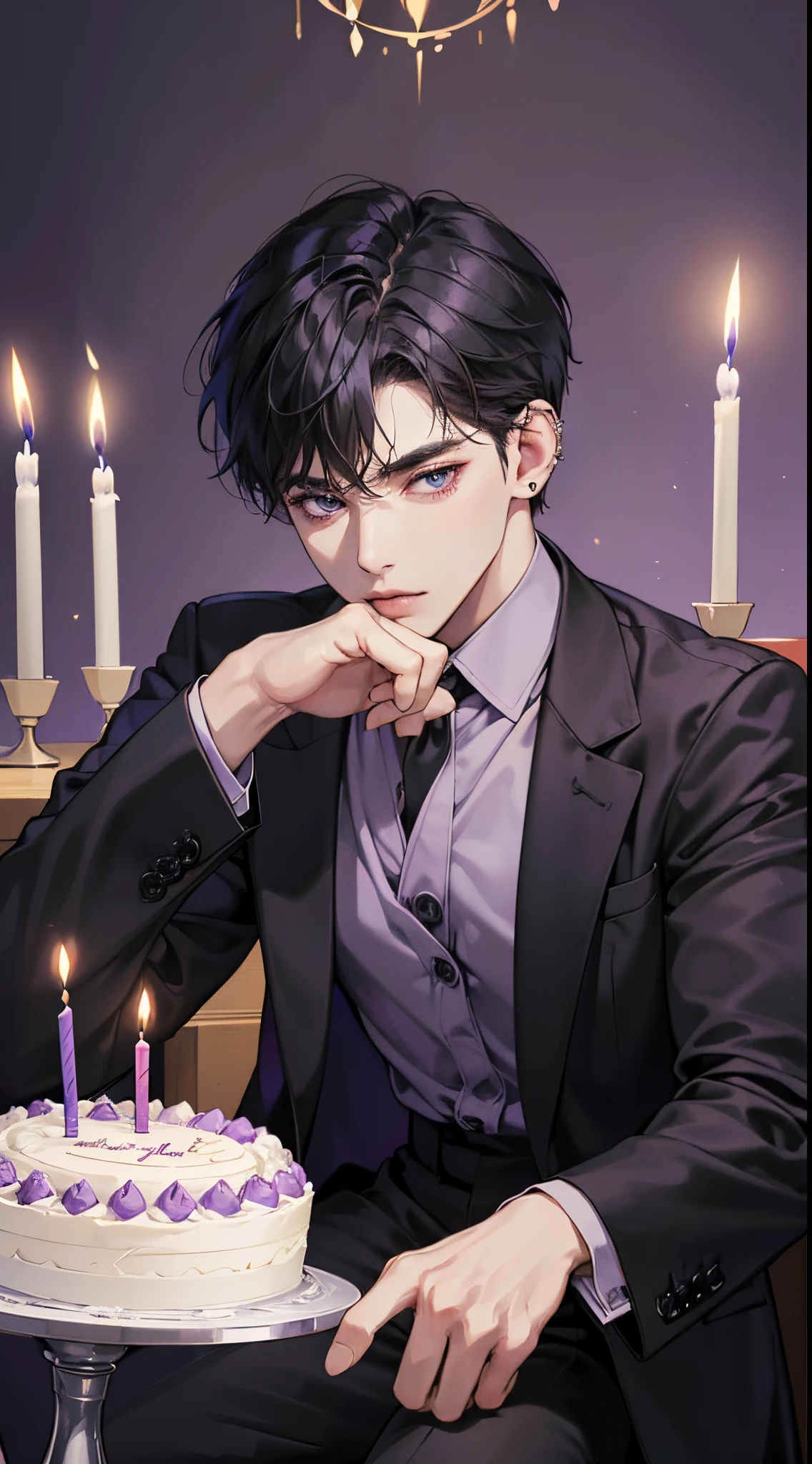 (Best Quality、8K,absurderes,highest grade,Portrait,Short hair, Very short hair,Piercing、beautiful male、Black glass table with birthday cake and candles、cool birthday design background、Sitting in a suit with a purple shirt and a black jacket、Both hands are in pockets