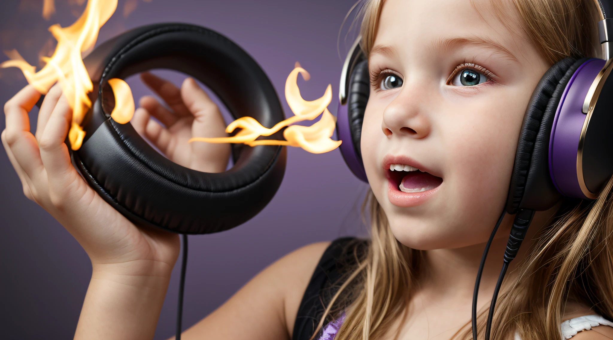 um close de um anel de fone de ouvido de uma loira pegando fogo., com asas em um fundo roxo, Asas pretas ligeiramente queimadas, cruz, Cruzes, Asas Negras,