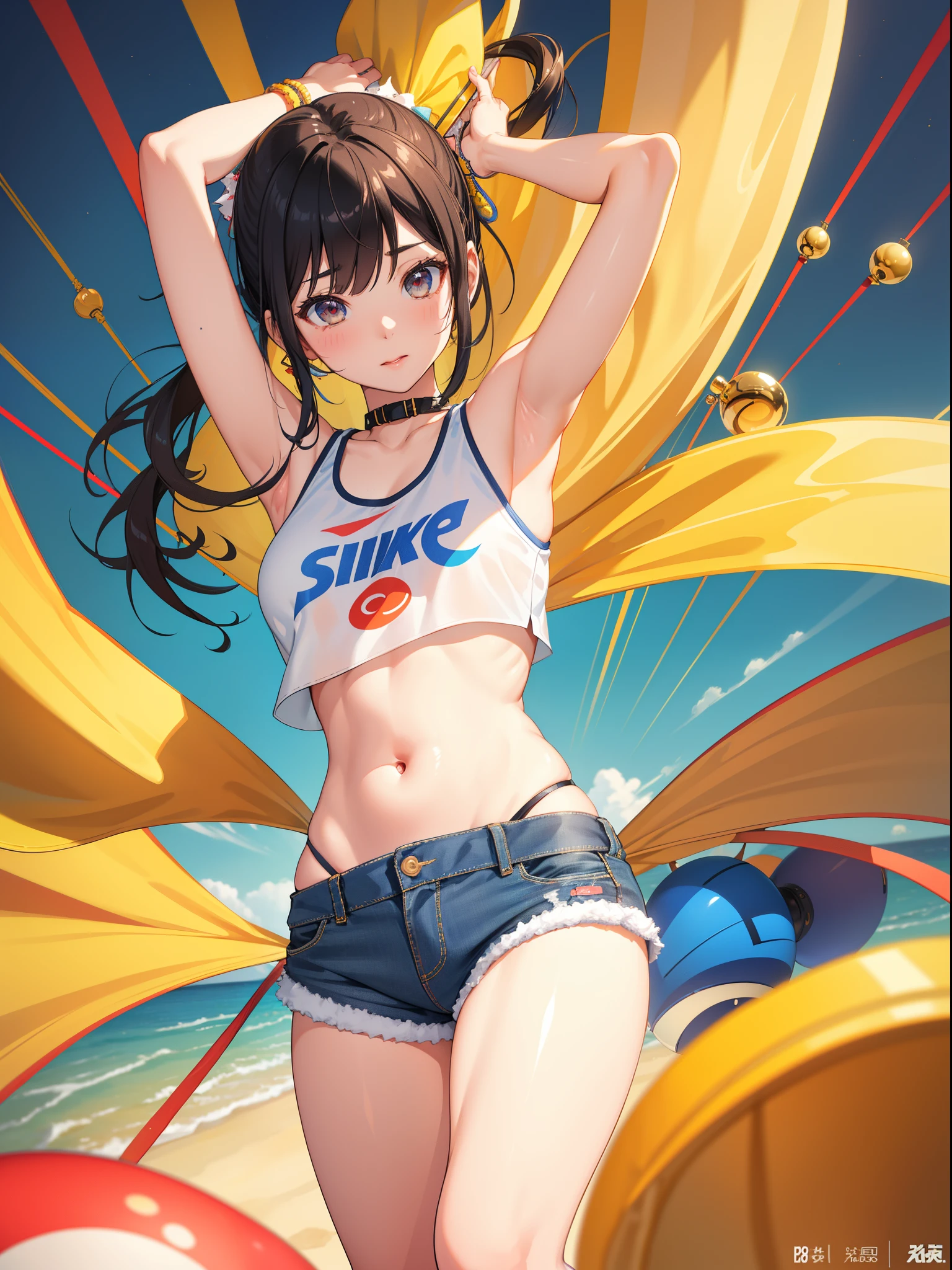 You are a master of painting,Girl with Okabo、Jump and have fun,Arched body、,Sun in clear sky background,