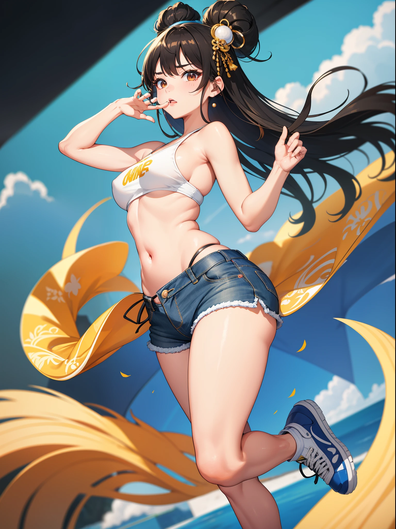 drawing of a woman in a bikini, realistic proportions sfw, anime proportions, ecchi anime style, hands behind her body pose!, ecchi style, realistic body proportions, oppai proportions, colored sketch anime manga panel, realistically proportioned body, character is in her natural pose, attire: bikini, anime pose, in a yellow bikini