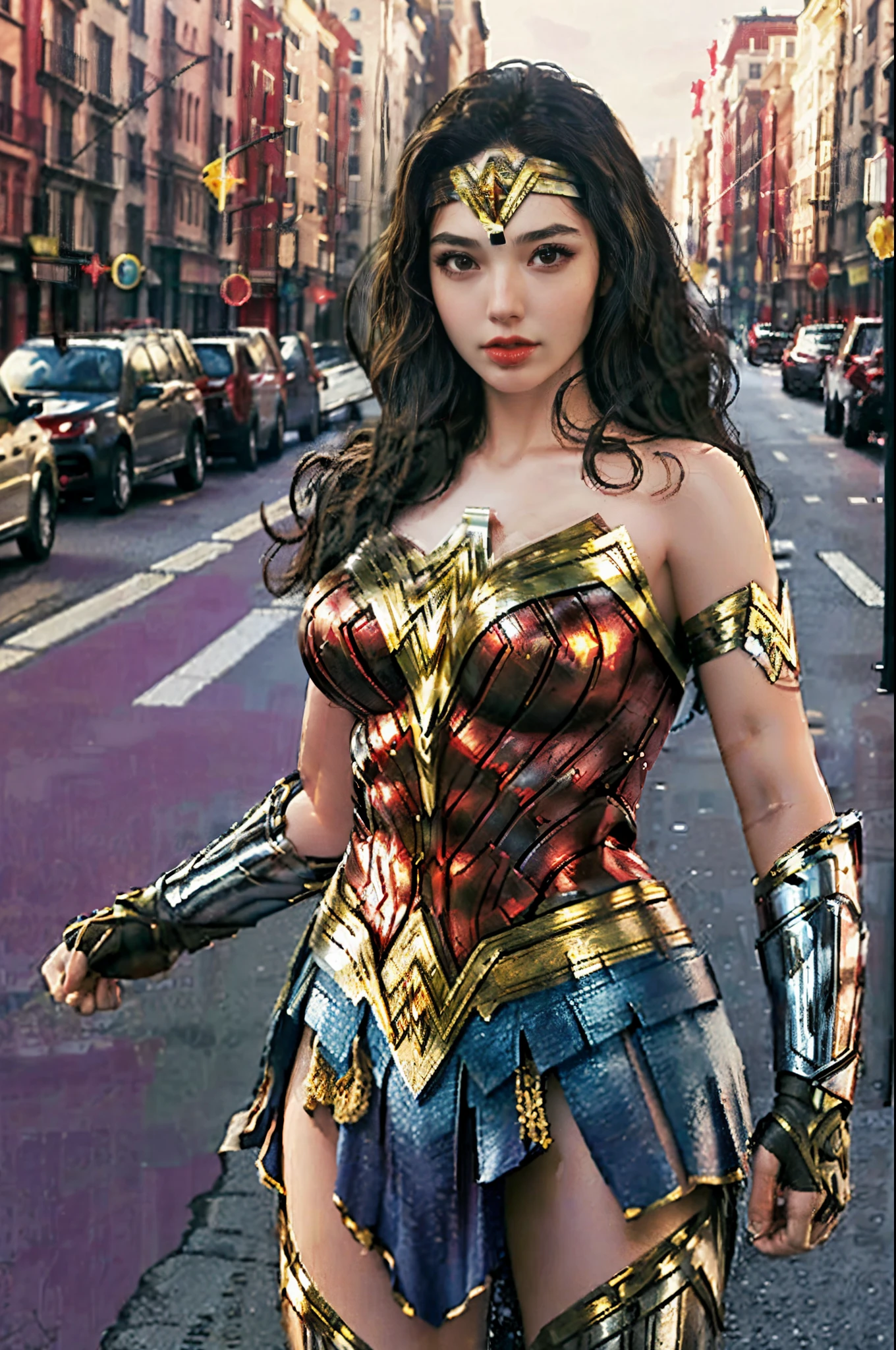 best quality, 1girl, solo, wonder woman, breasts, looking at viewer, upper body, black hair,  brown eyes,  cityscape, blurry background,