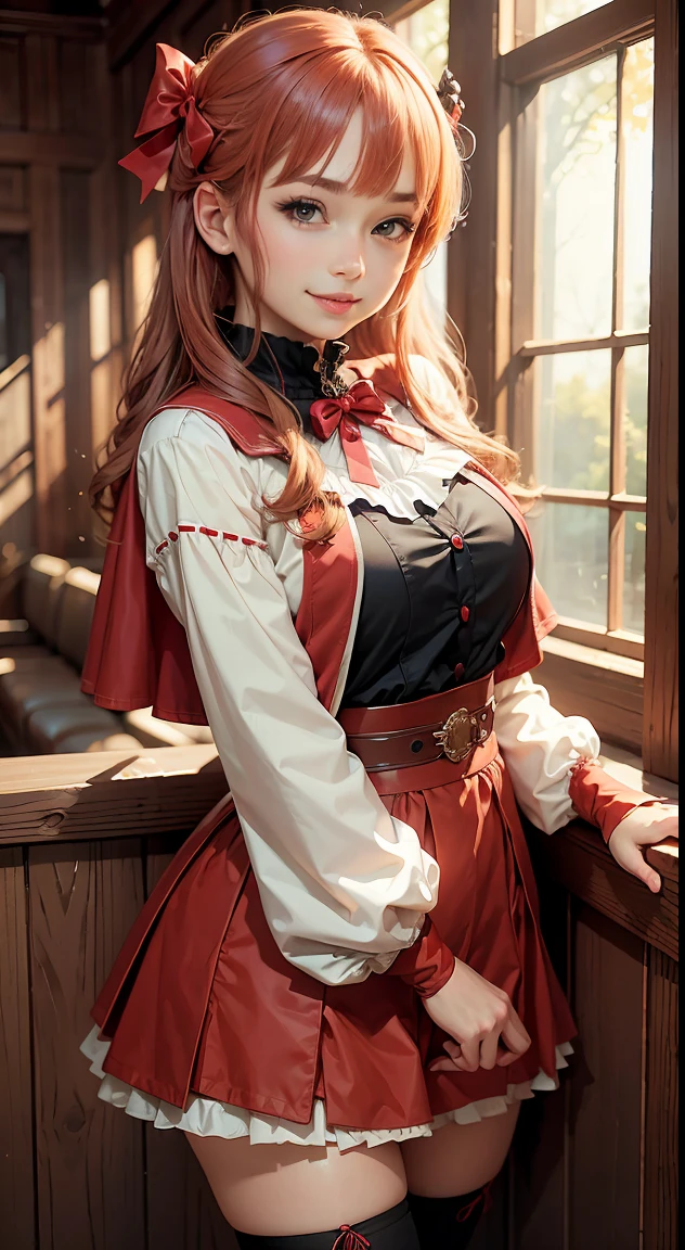 (masterpiece, best quality:1.2), cowboy shot, solo, 1girl, ayanokouji rem, smile, looking at viewer, long sleeves, capelet, red skirt, thighhighs