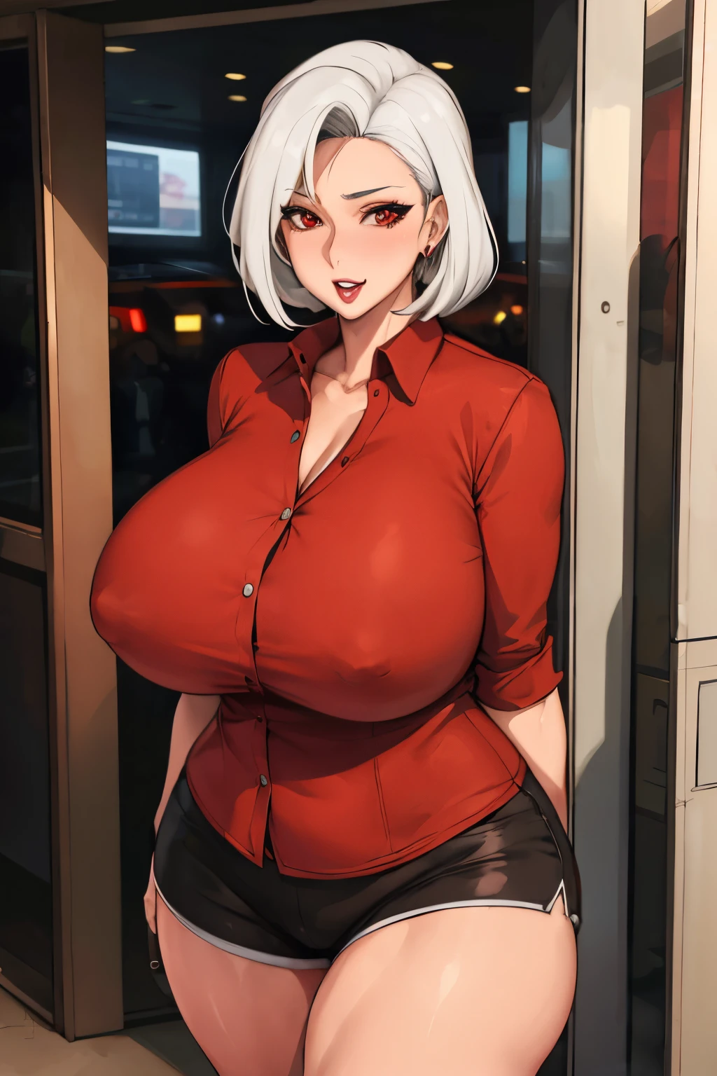 Close-up of a cartoon woman wearing a red shirt and black pants, oppai, Tifa Lockhart with gray hair, biomechanical oppai, Big breasts!, (SFW) safe for work, with a big chest, Big breasts!!, sie boob, oppai proportions, perfect gray hair girl, white hair, fully - clothed!!!, Chic, Voluptuous body, curvy body, Tifa Lockhart, Naughty anime style, plus size model, Scruffy body,Erotic cartoon style body, Married woman's big ass,Eros of a married woman, Married woman style, Married woman atmosphere