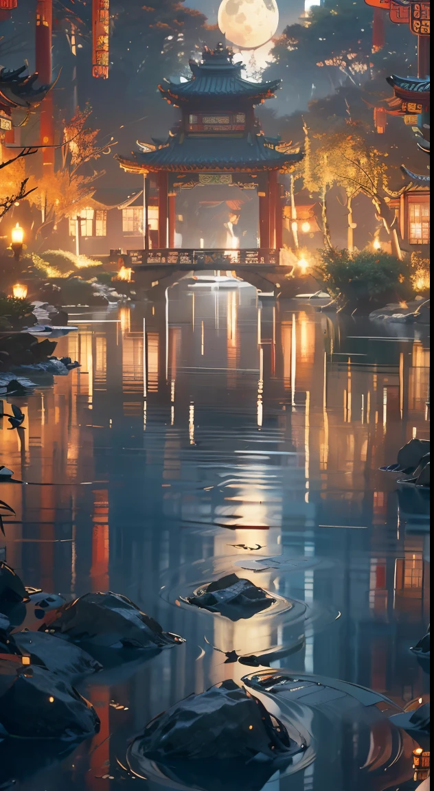 Ancient Chinese architecture, moon, midnight, garden, bamboo, lake, stone bridge, rockery, arch, corner, tree, running water, landscape, outdoor, waterfall, grass, rock, water lily, hot spring, water vapor, (Illustration: 1.0), Epic Composition, Realistic Lighting, HD Details, Masterpiece, Best Quality, (Very Detailed CG Unity 8k) --v 6