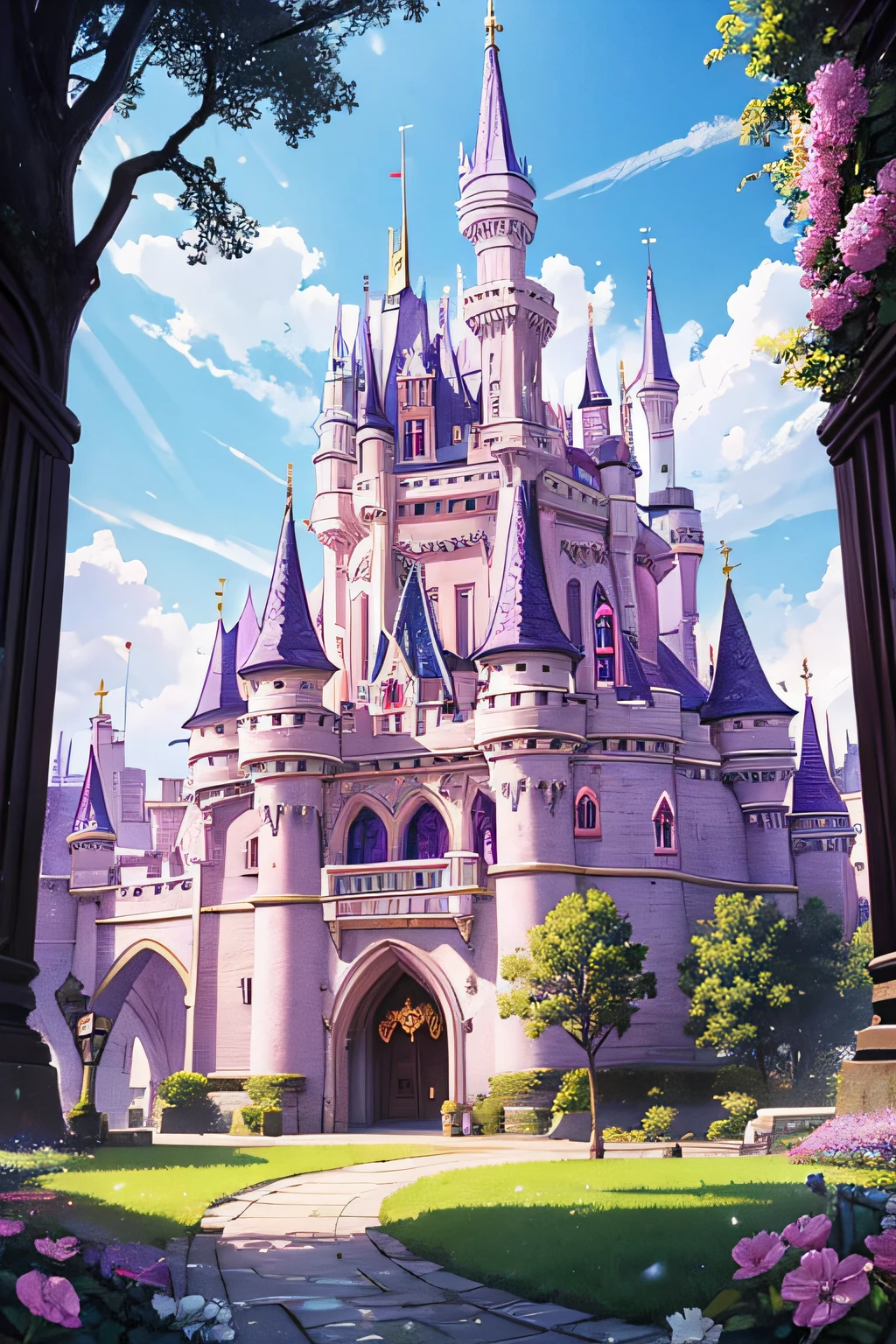 purple castle with a pink tower and a white gate, beautiful castle, fairytale artwork, dreamy and detailed, fairy palace, magic fantasy highly detailed, fairy-tale illustration style,