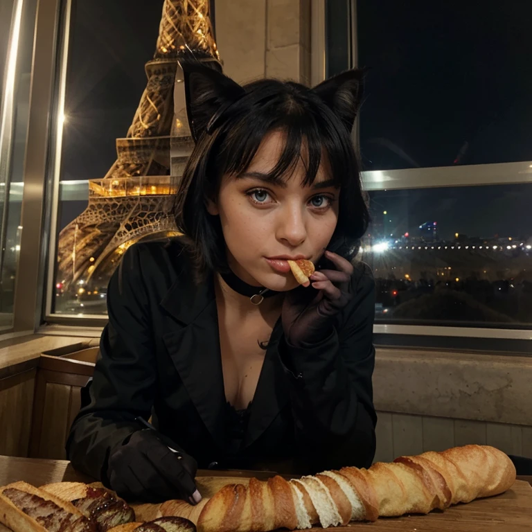 Masterpiece top quality black cat with green eyes in front of the Eiffel Tower with a baguette in his mouth