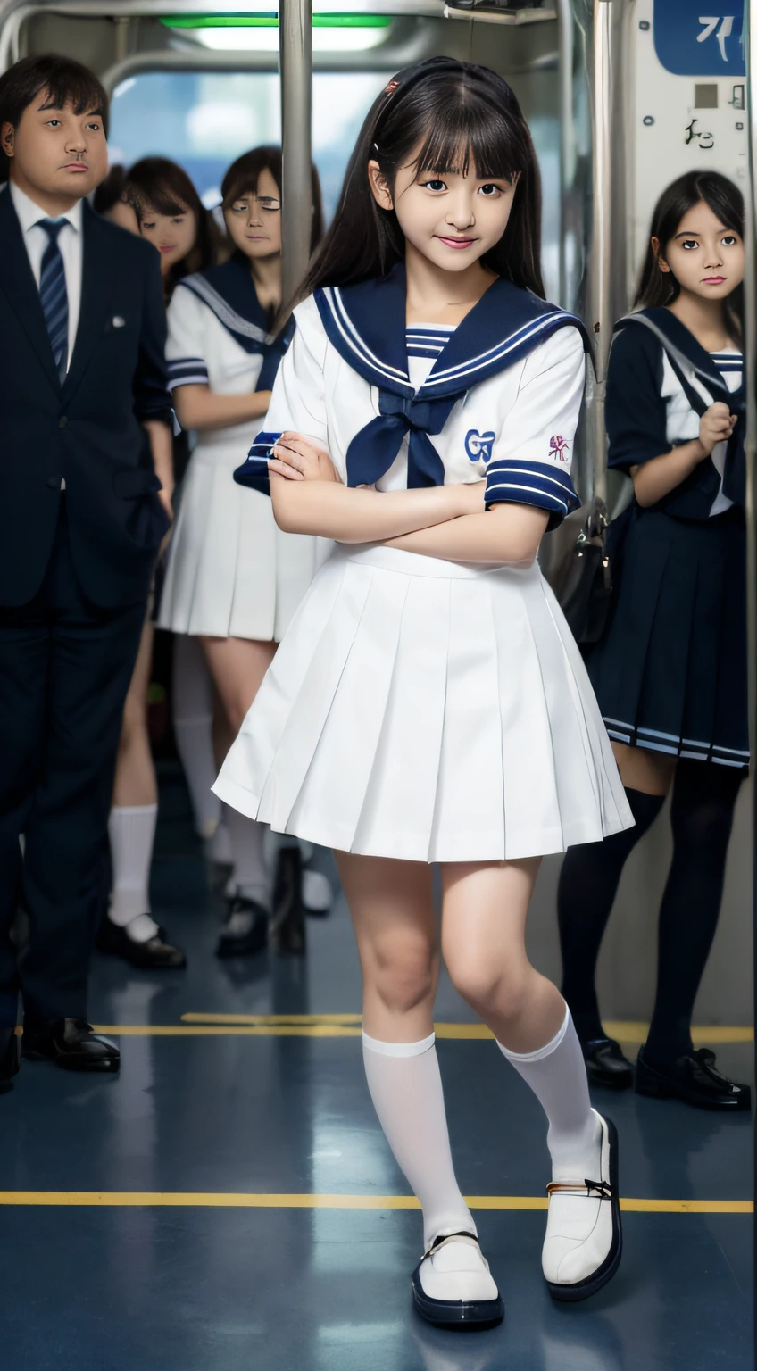 Several men hugging her in a crowded train、 Hug her ??????????? and speak in her ear、Another man picked her up on his lap、Pick her up、Old man leaning on his back and picking her up、Poses variadas、a sailor suit、Miniskirt sways、a picture、​masterpiece、top-quality、Dark gray background、(1 Girl's dark eyes and black hair)、Miraculously loli cute girl, japanes, （ 14years,）、a miniskirt、Neat sailor suit、White High Socks、Loafer shoes、(mini skirt swinging ???? round:  1.3)、(White Swooping Sailor Suit:1.3)、wearing japanese school uniform, Sailor Uniform, Twin-tailed, Kantai Collection Style, Wearing school uniform, Dressed in uniform、Wearing school uniform, （（jｃUniforms））, official artwork, School uniform, a-1 pictures,（（（Full Body Display）））、Detail Beautiful delicate face、(Detail Beautiful delicate eyes:1.32)、Man from the back of a crowded train、、、childish、middle school girl、Lori